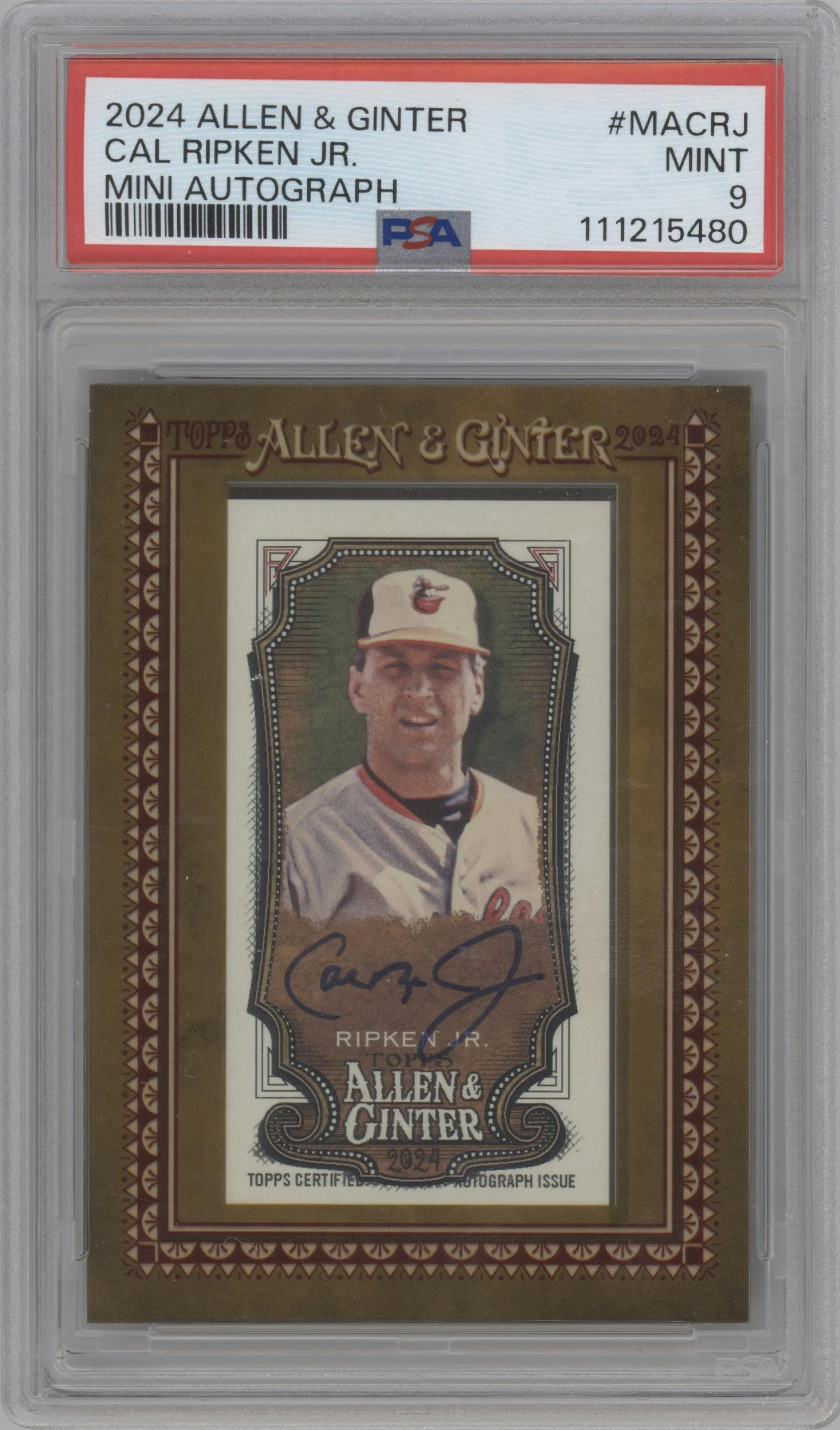 Cal Ripken Jr. from the 2024 Topps Allen & Ginter set graded by PSA and given an overall grade of 9.