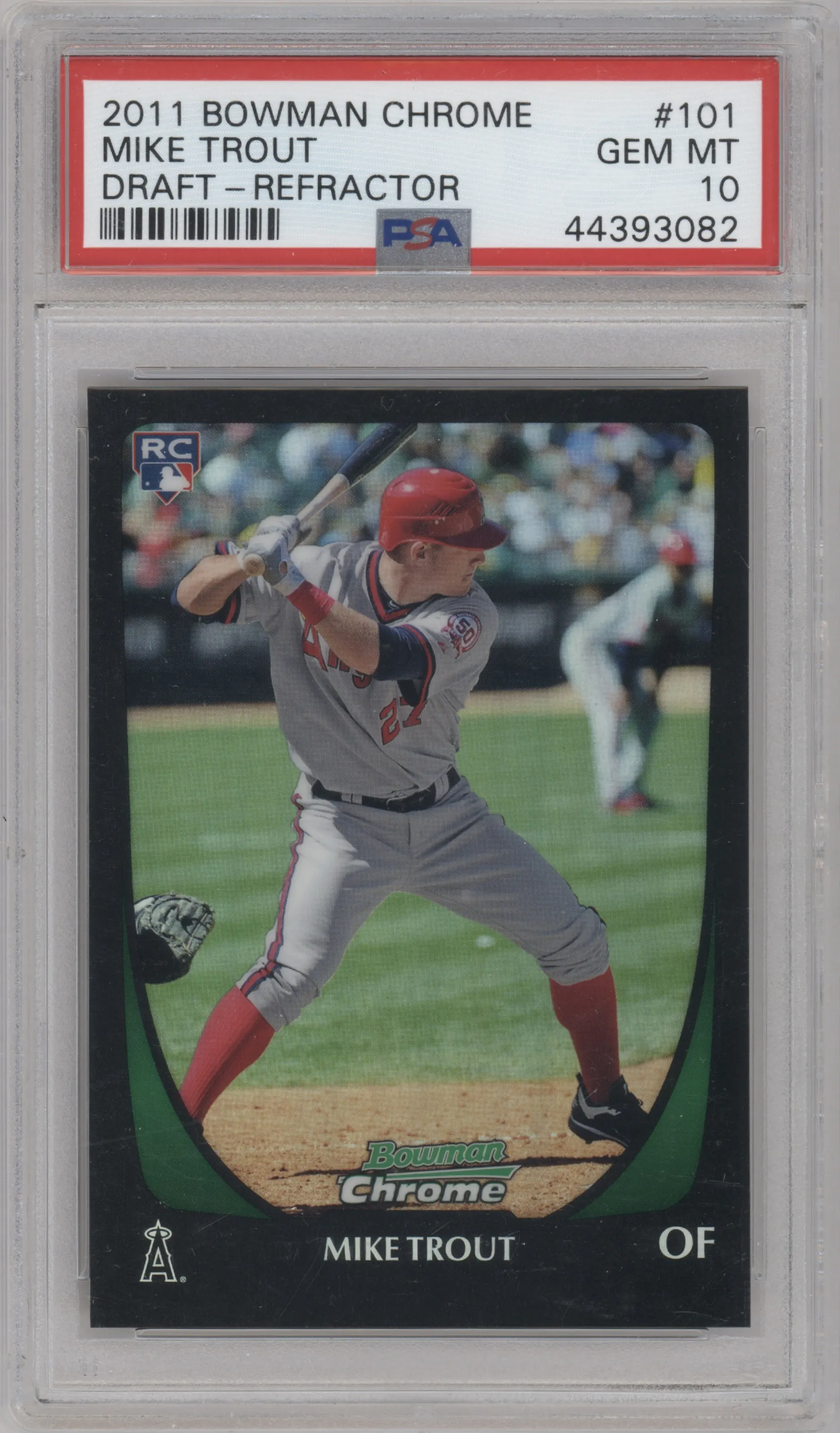 Mike Trout from the 2011 Bowman Chrome Draft set featuring a Refractor parallel graded by PSA and given an overall grade of 10.