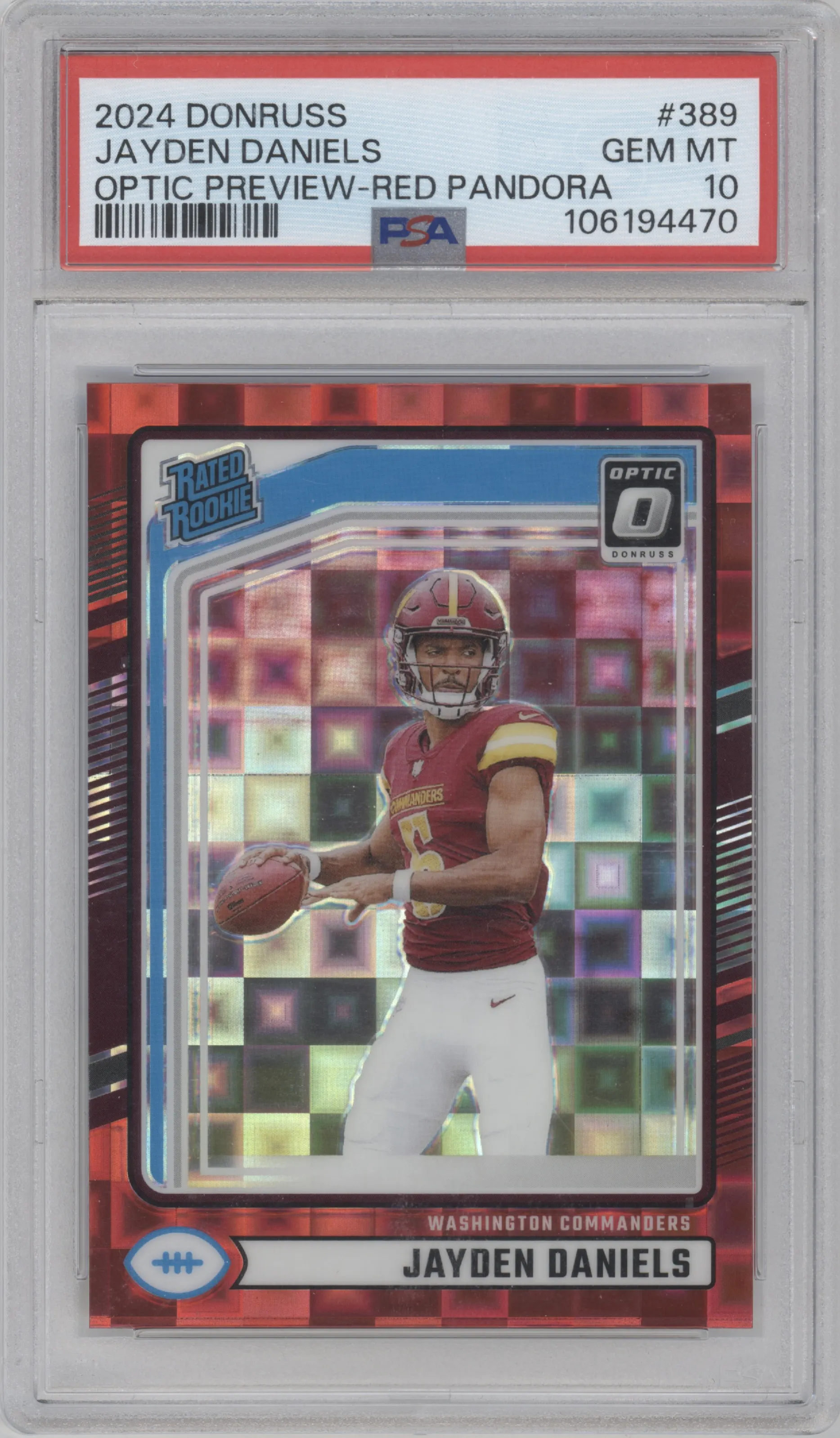 Jayden Daniels from the 2024 Donruss set featuring a Red Pandora parallel graded by PSA and given an overall grade of 10.