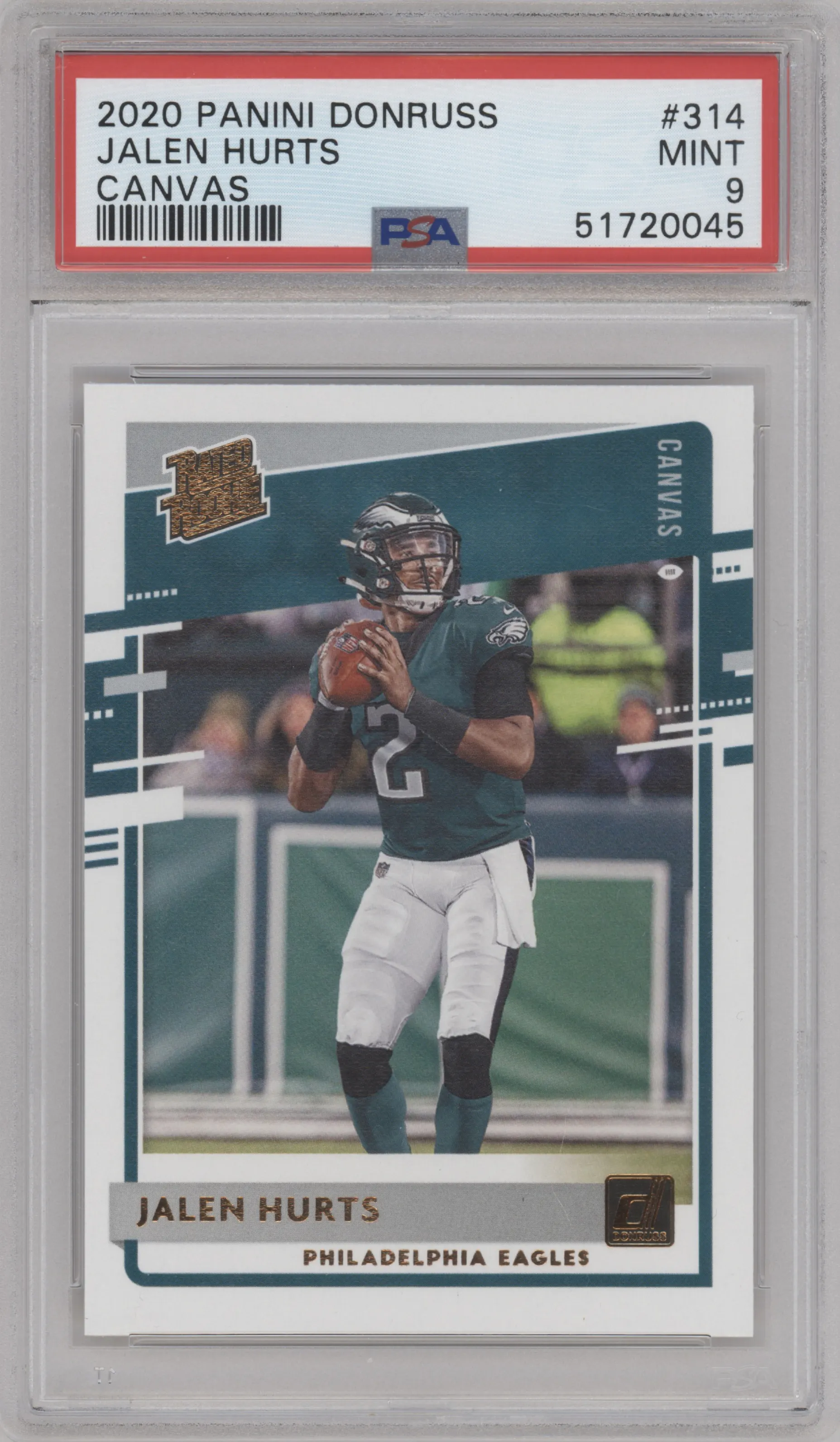 Jalen Hurts from the 2020 Panini Donruss set featuring a Canvas parallel graded by PSA and given an overall grade of 9.