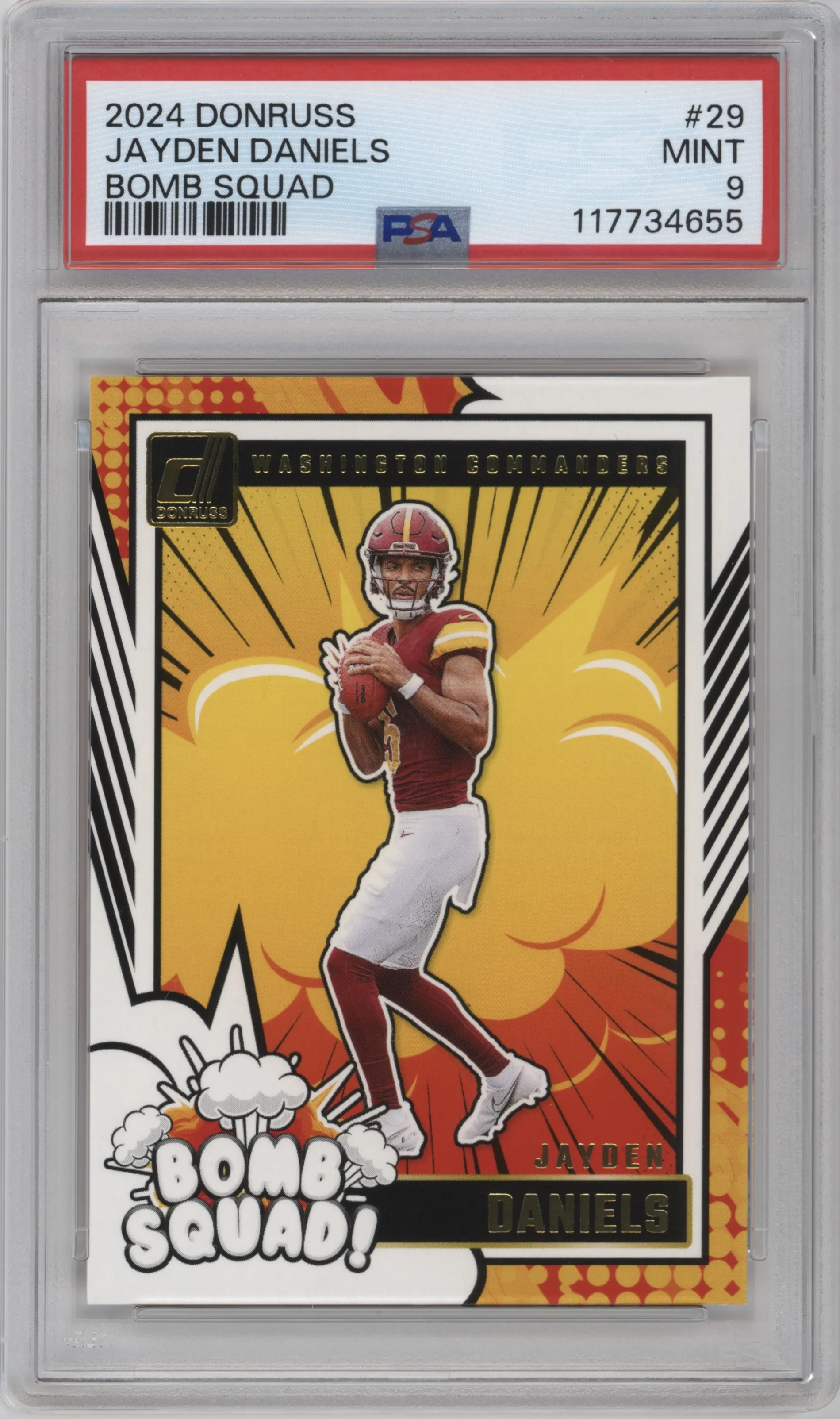 Jayden Daniels from the 2024 Donruss set graded by PSA and given an overall grade of 9.