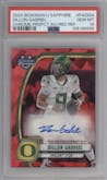 Dillon Gabriel from the 2024 Bowman University Chrome Sapphire set featuring a Red parallel graded by PSA and given an overall grade of 10.