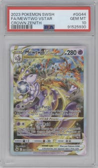 Mewtwo VSTAR from the 2023 Pokemon SWSH set graded by PSA and given an overall grade of 10.