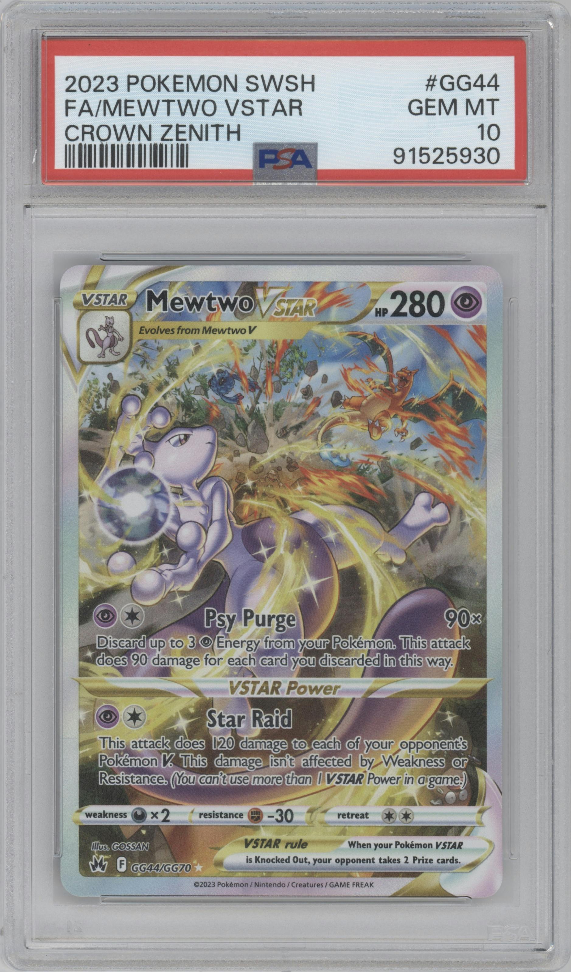 Mewtwo VSTAR from the 2023 Pokemon SWSH set graded by PSA and given an overall grade of 10.