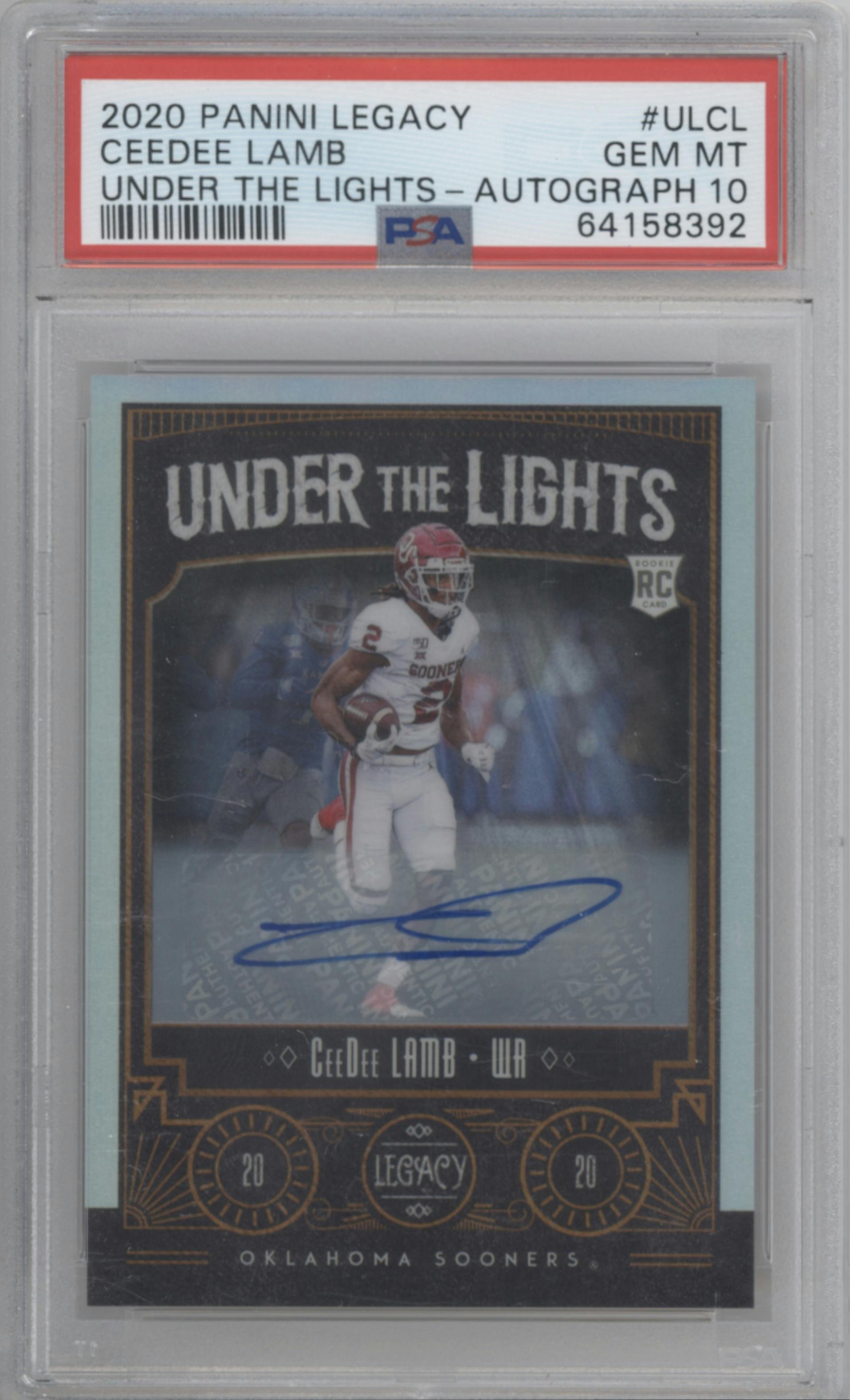 CeeDee Lamb from the 2020 Panini Legacy set graded by PSA and given an overall grade of 10.