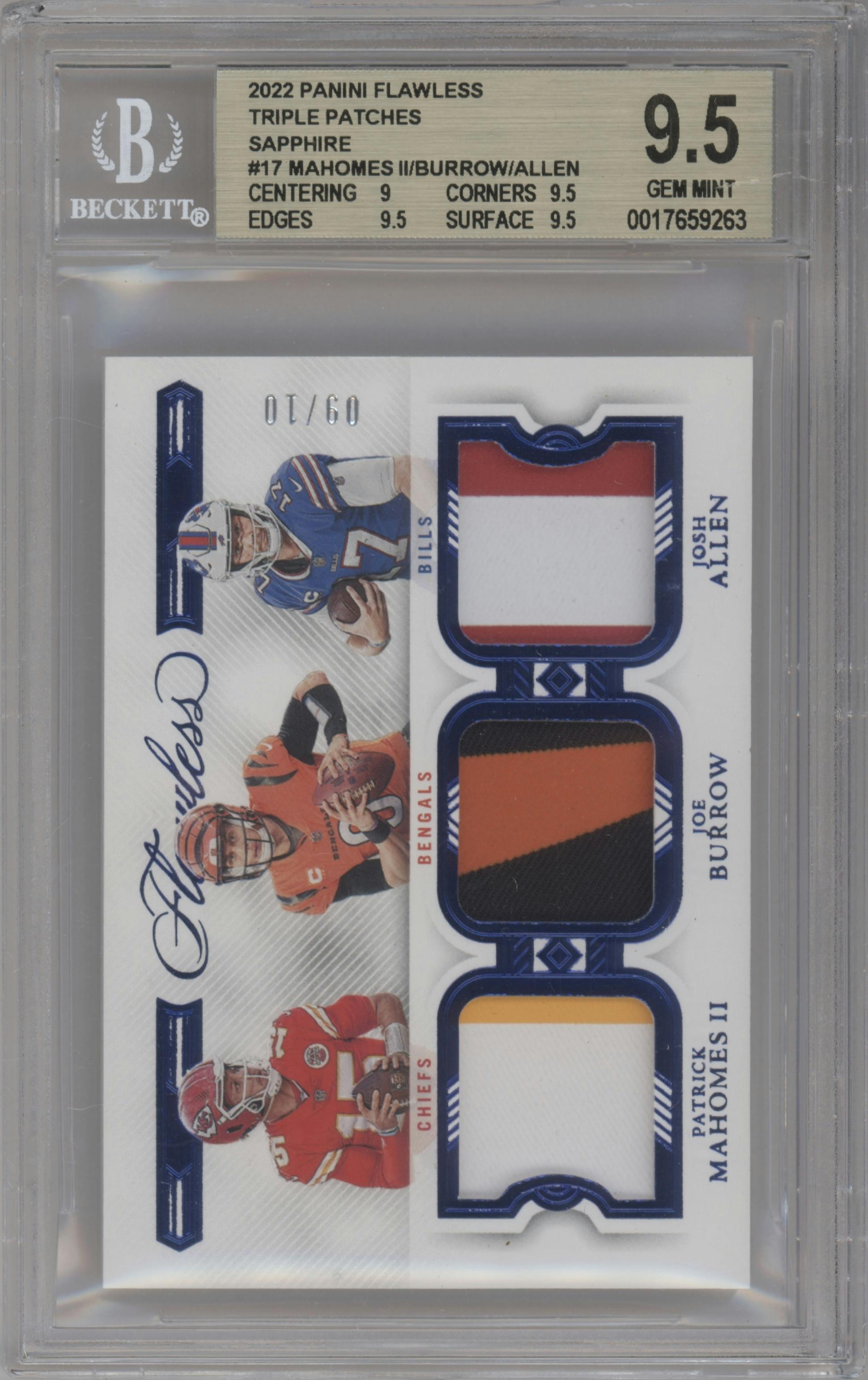 Patrick Mahomes II/Joe Burrow/Josh Allen from the 2022 Panini Flawless set featuring a Sapphire parallel graded by Beckett and given an overall grade of 9.5.