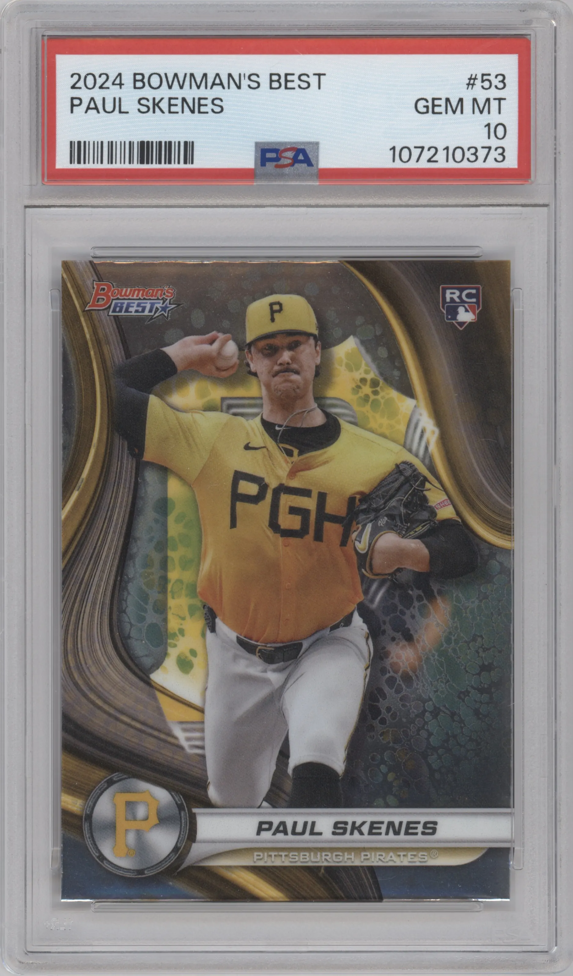 Paul Skenes from the 2024 Bowman's Best set graded by PSA and given an overall grade of 10.