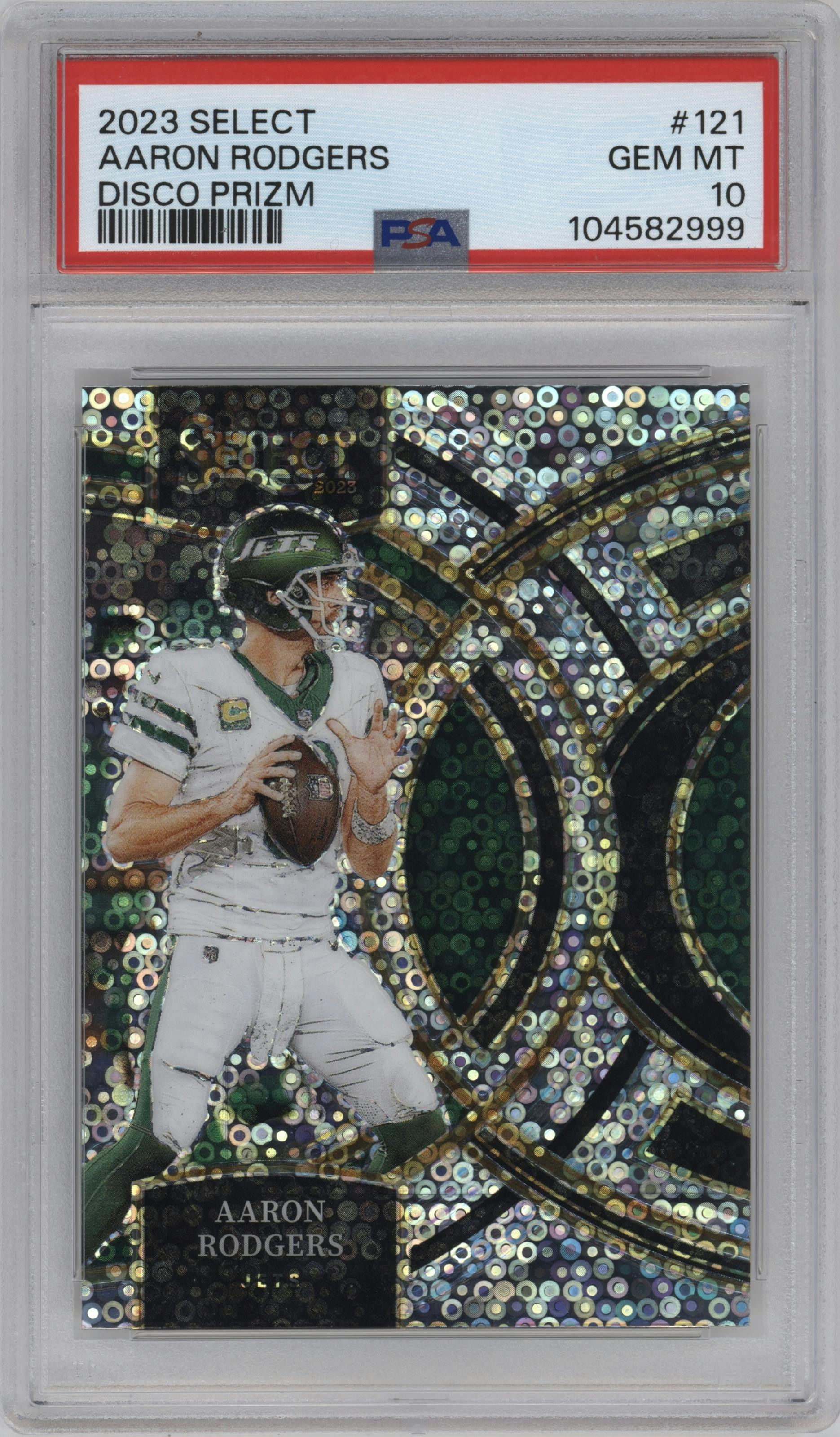 Aaron Rodgers from the 2023 Panini Select set featuring a Disco Prizm parallel graded by PSA and given an overall grade of 10.