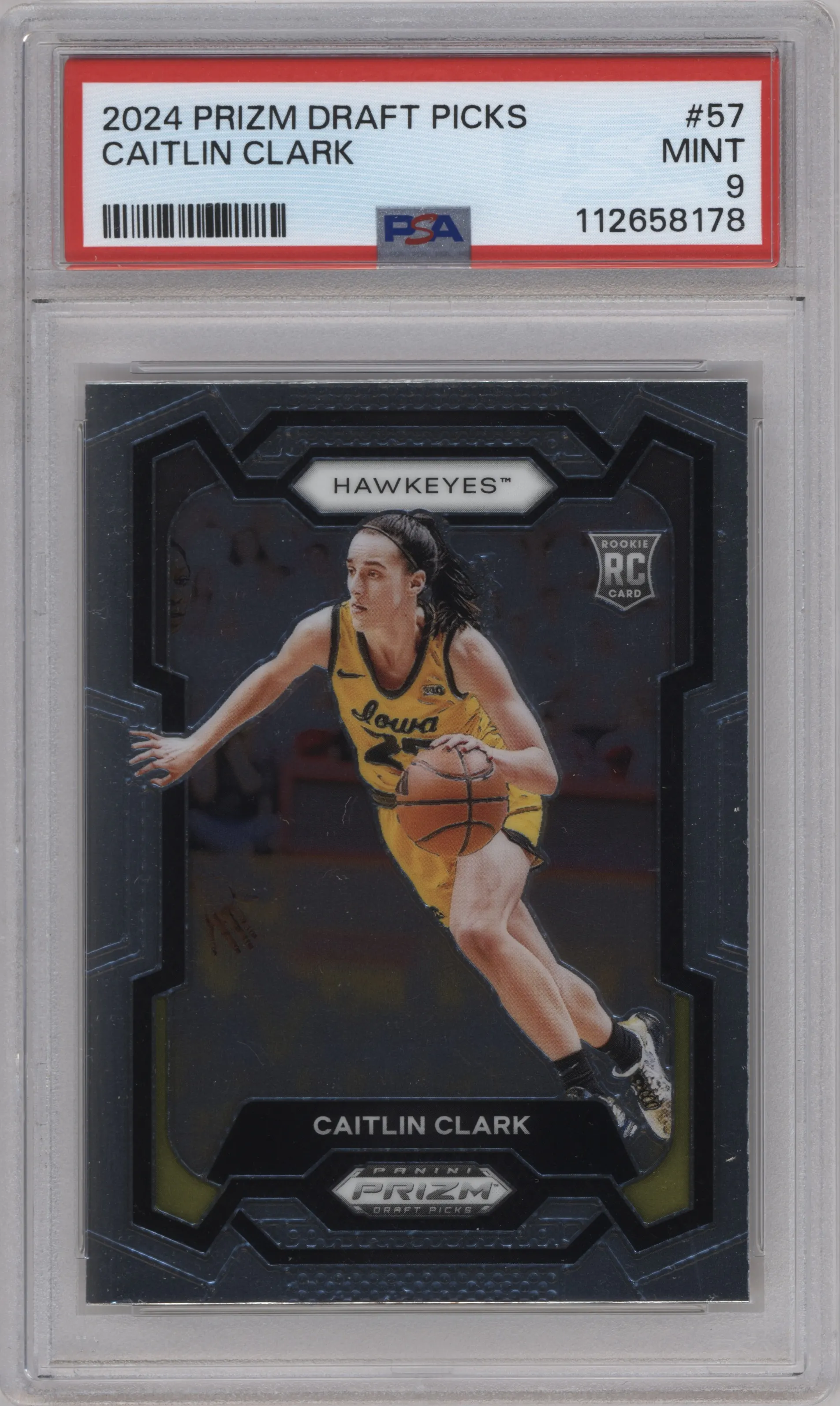 Caitlin Clark from the 2024 Panini Prizm Draft Picks set graded by PSA and given an overall grade of 9.