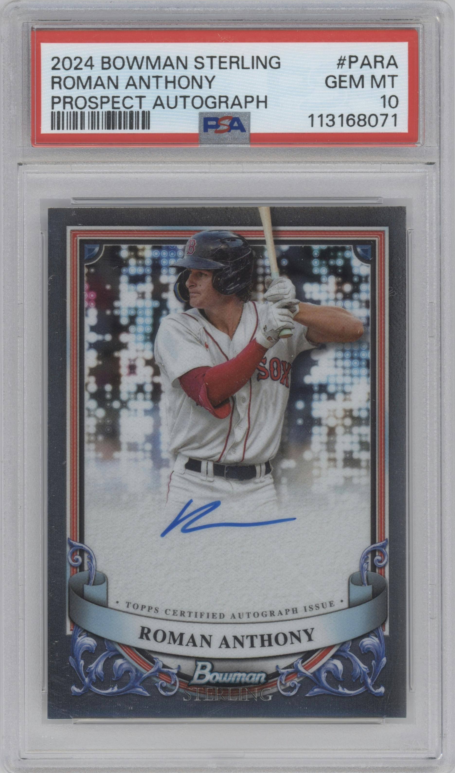 Roman Anthony from the 2024 Bowman Sterling set graded by PSA and given an overall grade of 10.