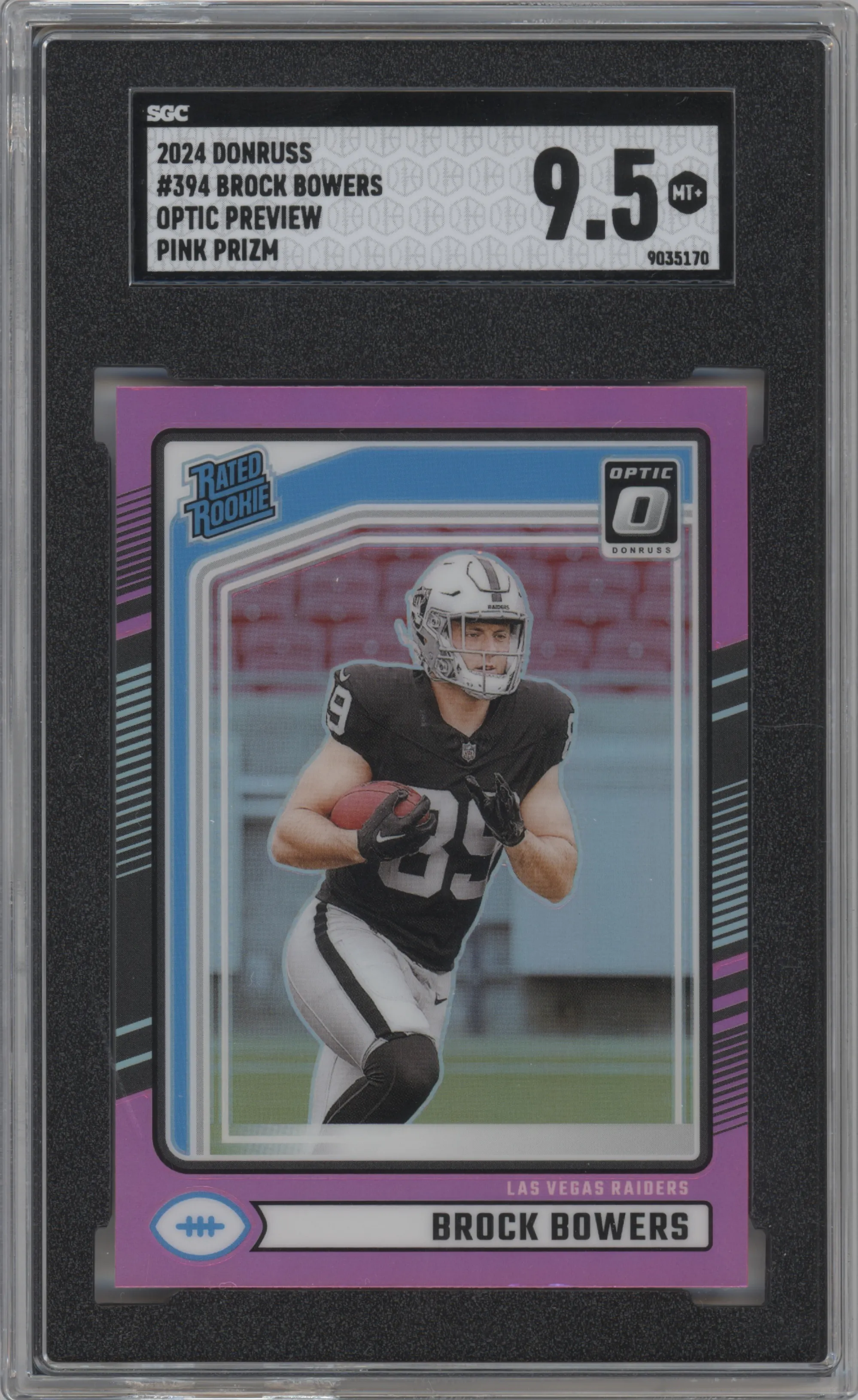 Brock Bowers from the 2024 Donruss set featuring a Pink parallel graded by SGC and given an overall grade of 9.5.