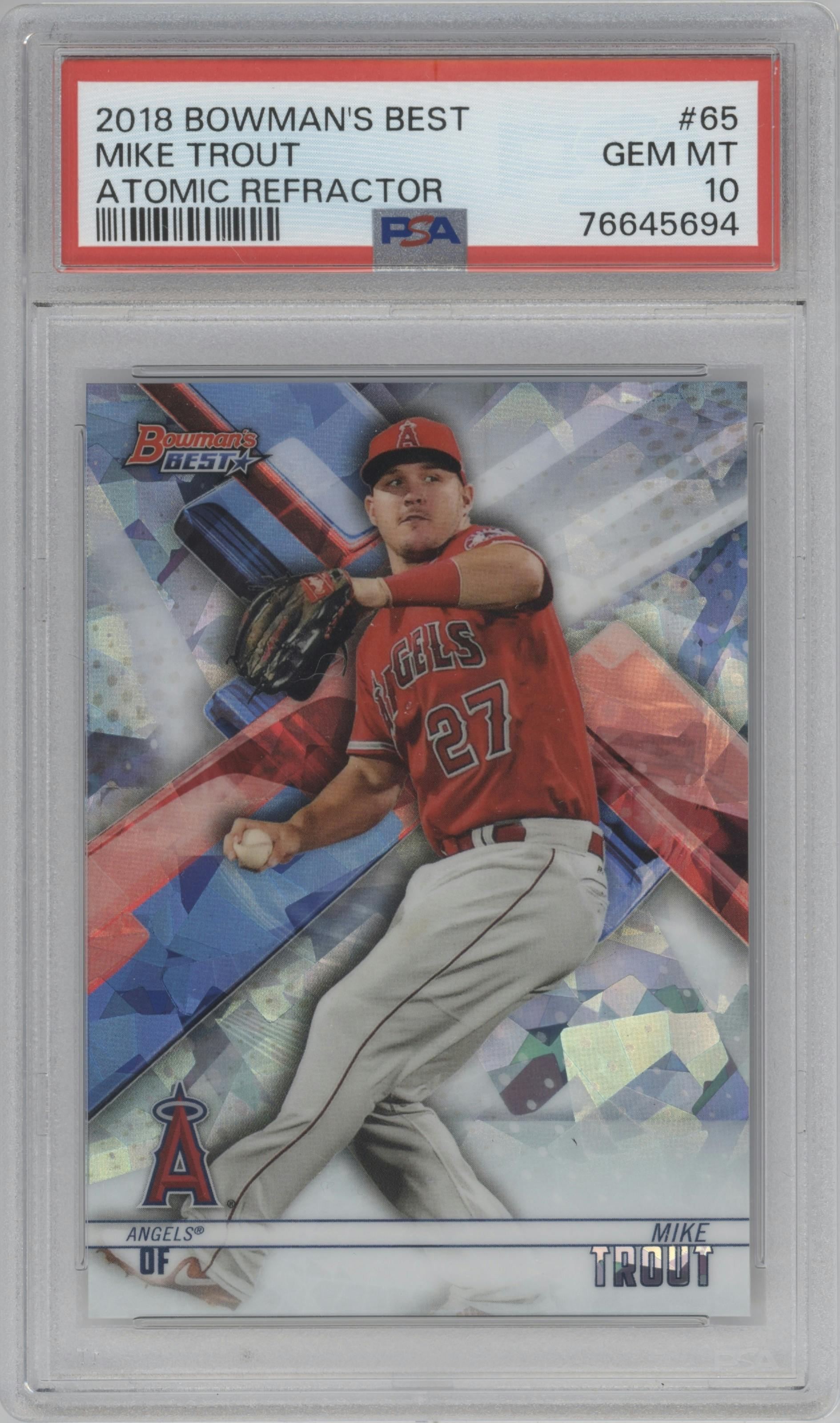 Mike Trout from the 2018 Bowman’s Best set featuring a Atomic Refractor parallel graded by PSA and given an overall grade of 10.