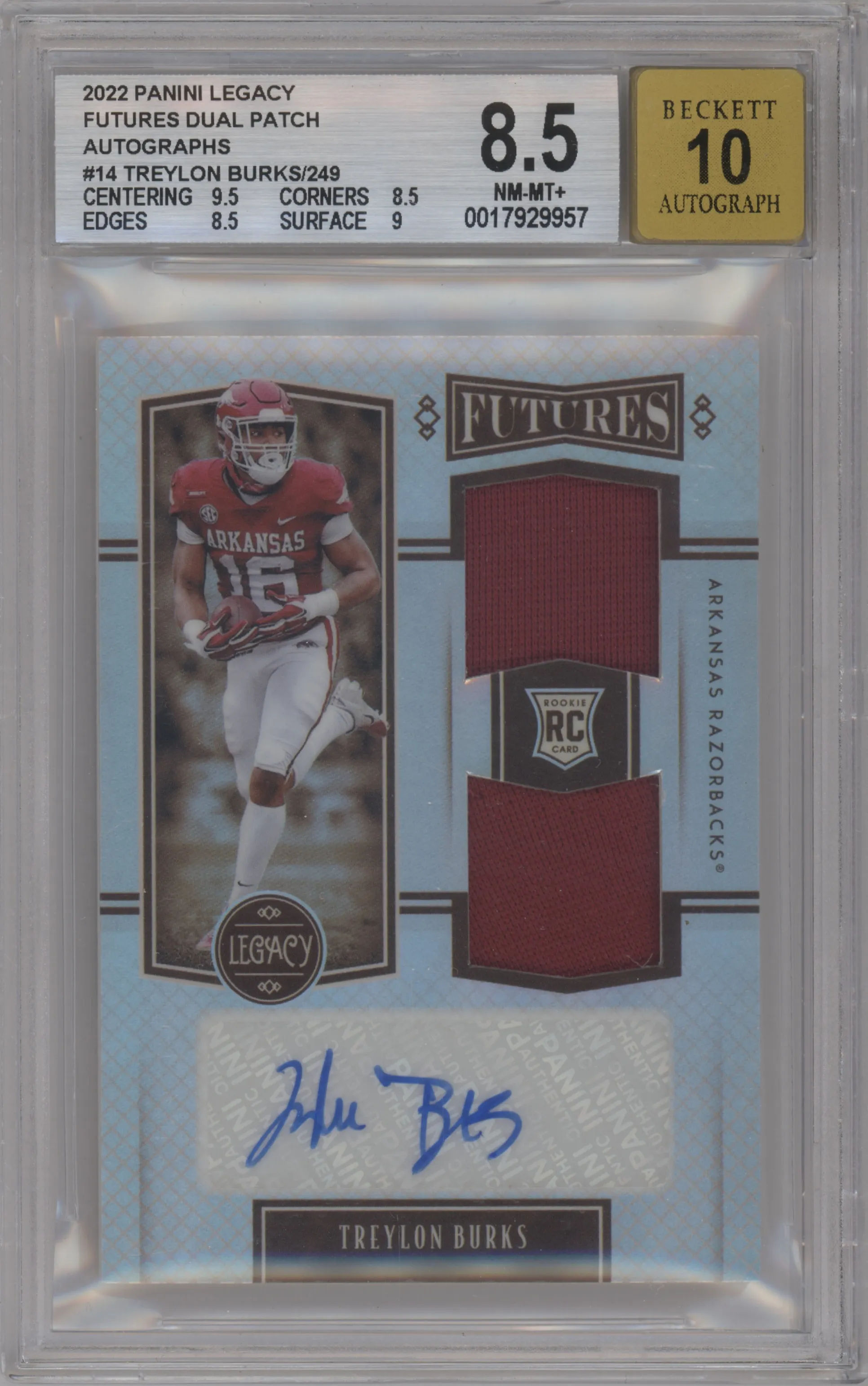 Treylon Burks from the 2022 Panini Legacy set graded by Beckett and given an overall grade of 8.5.