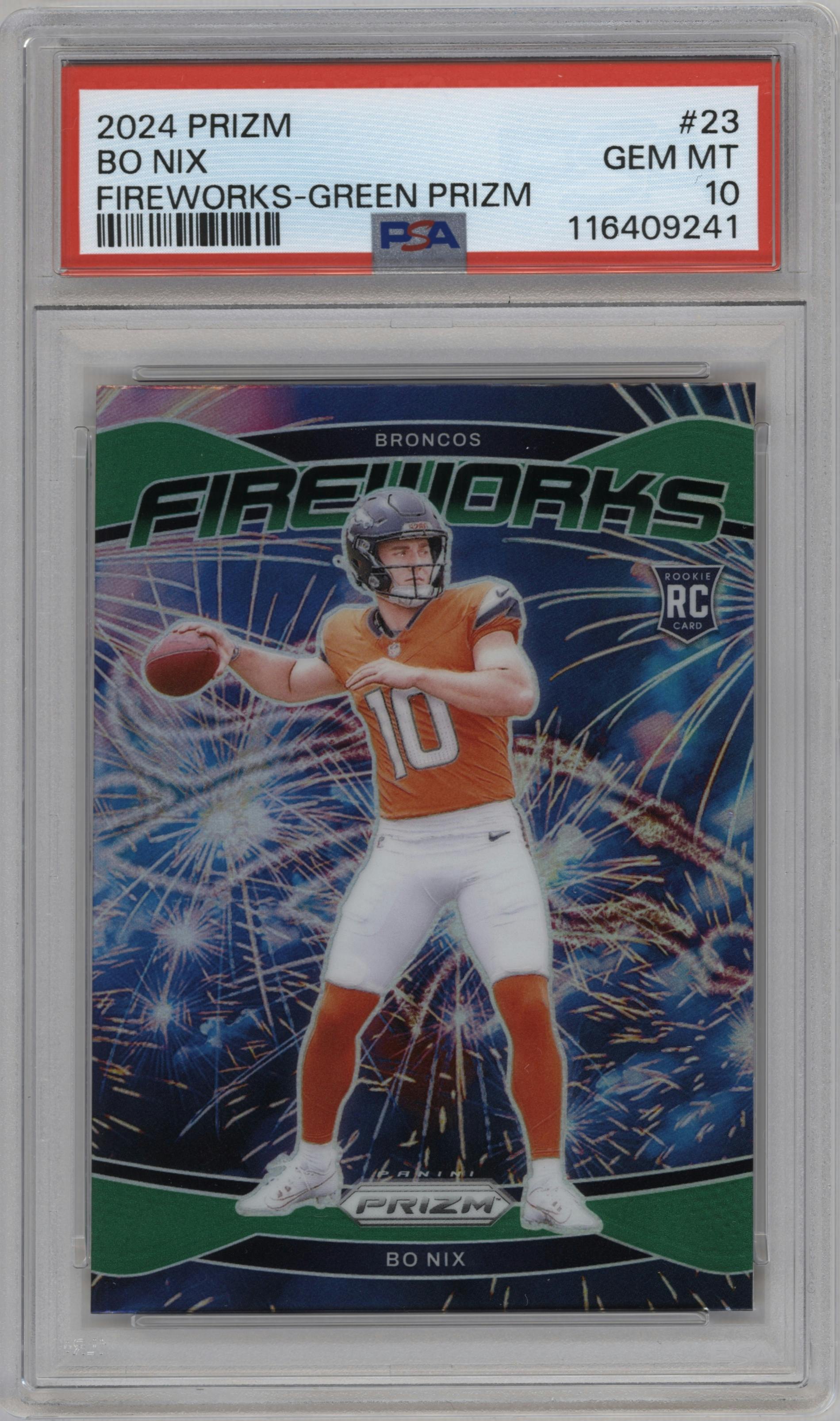 Bo Nix from the 2024 Panini Prizm set featuring a Green Prizm parallel graded by PSA and given an overall grade of 10.