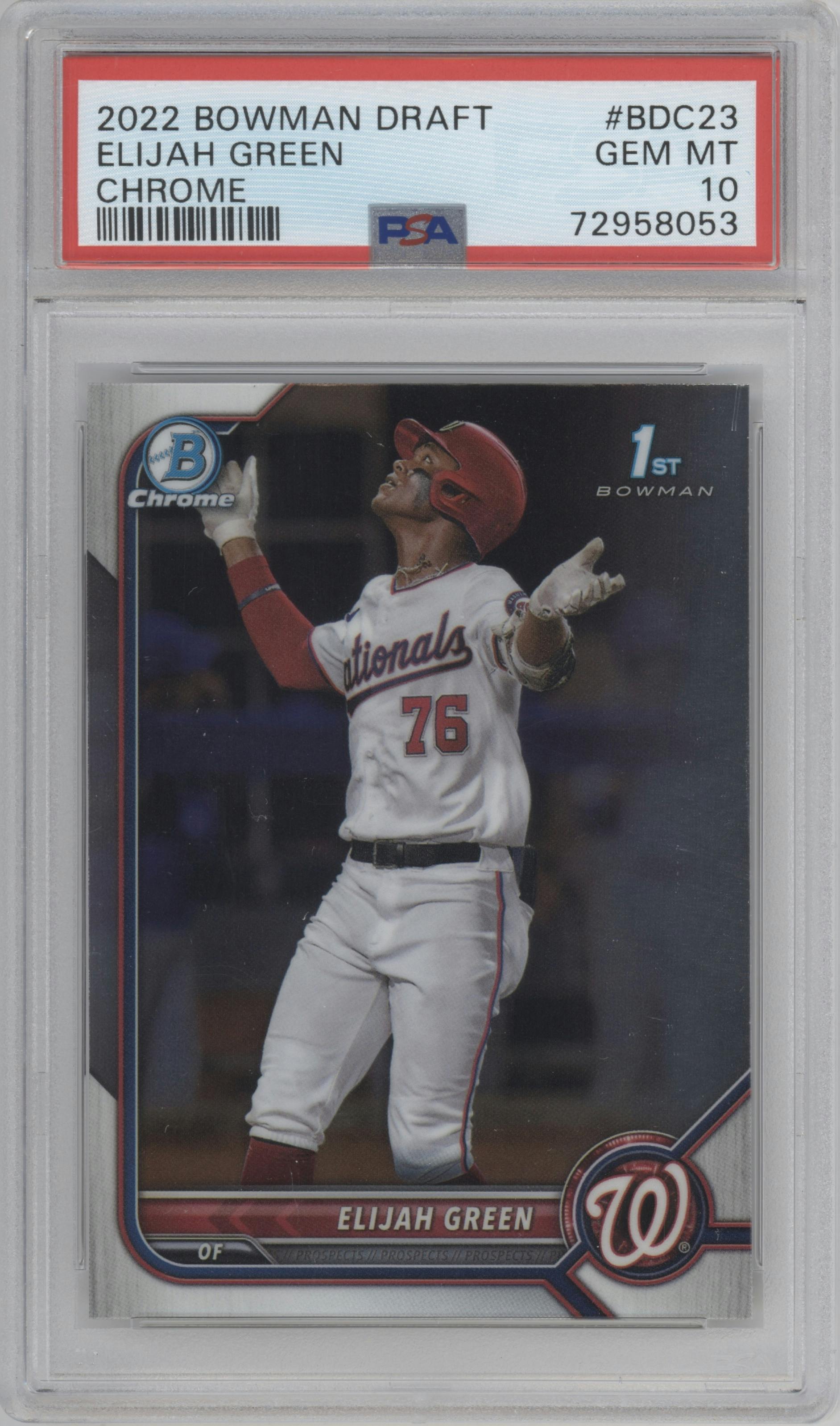 Elijah Green from the 2022 Bowman Draft set graded by PSA and given an overall grade of 10.