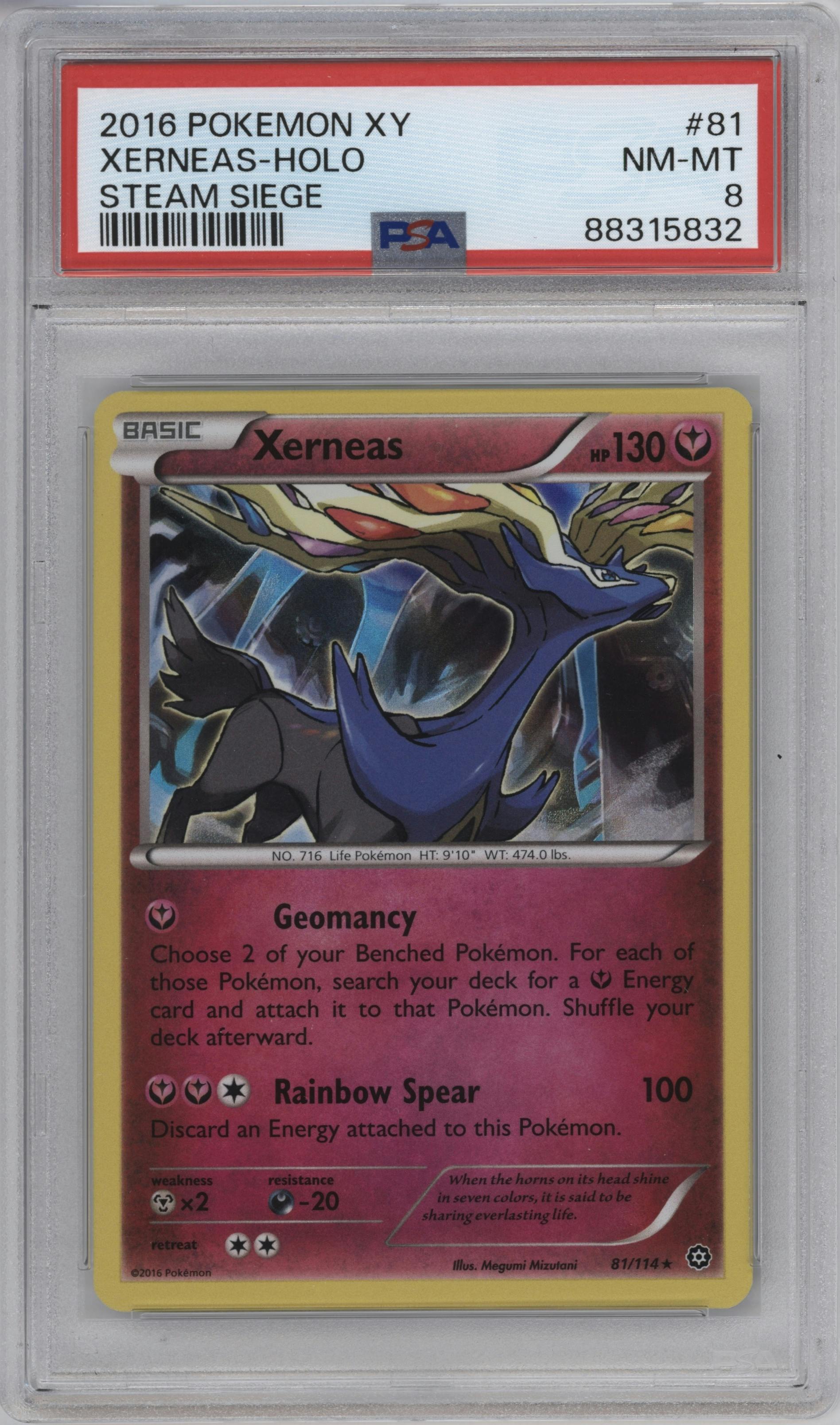 Xerneas from the 2016 Pokemon XY set graded by PSA and given an overall grade of 8.