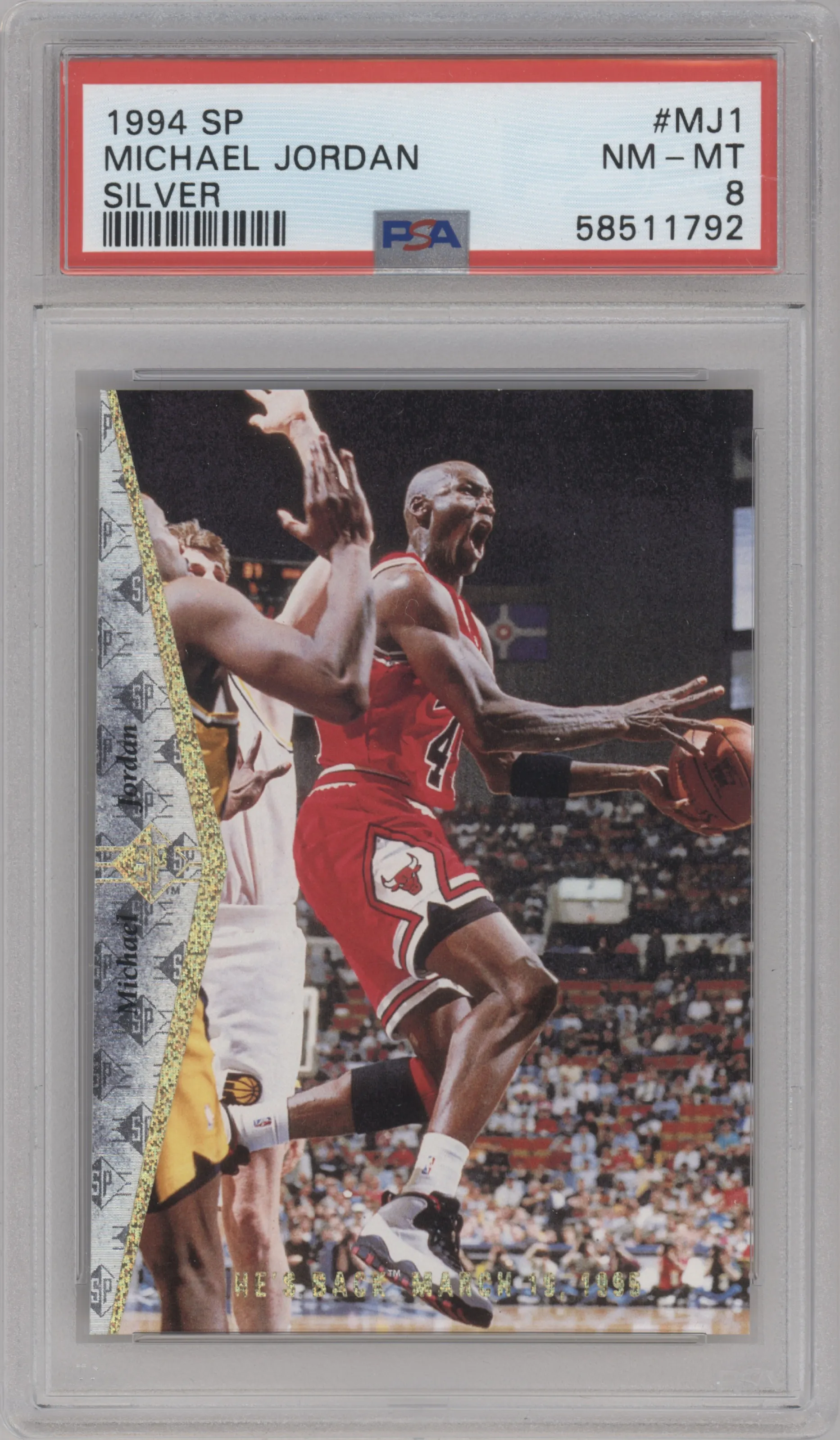 Michael Jordan from the 1994-95 SP set featuring a Silver parallel graded by PSA and given an overall grade of 8.