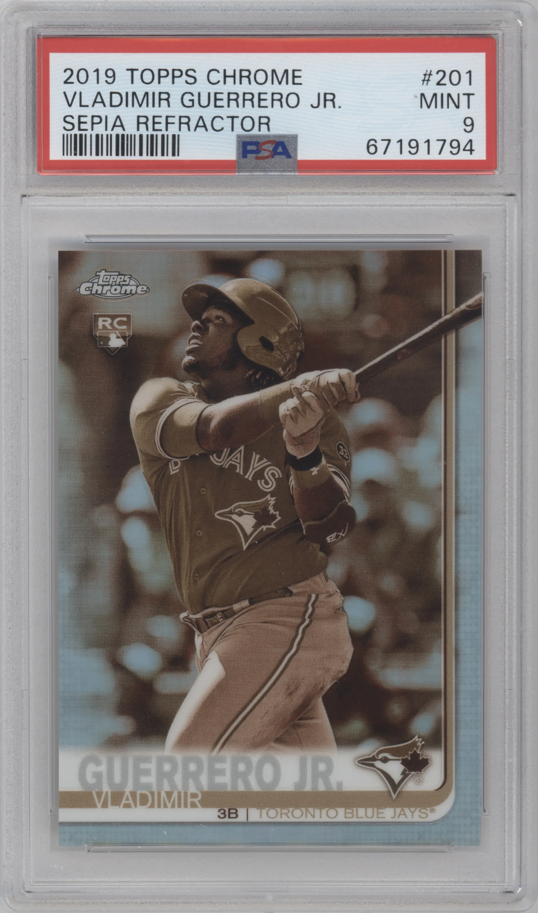 Vladimir Guerrero Jr. from the 2019 Topps Chrome set featuring a Sepia Refractor  parallel graded by PSA and given an overall grade of 9.
