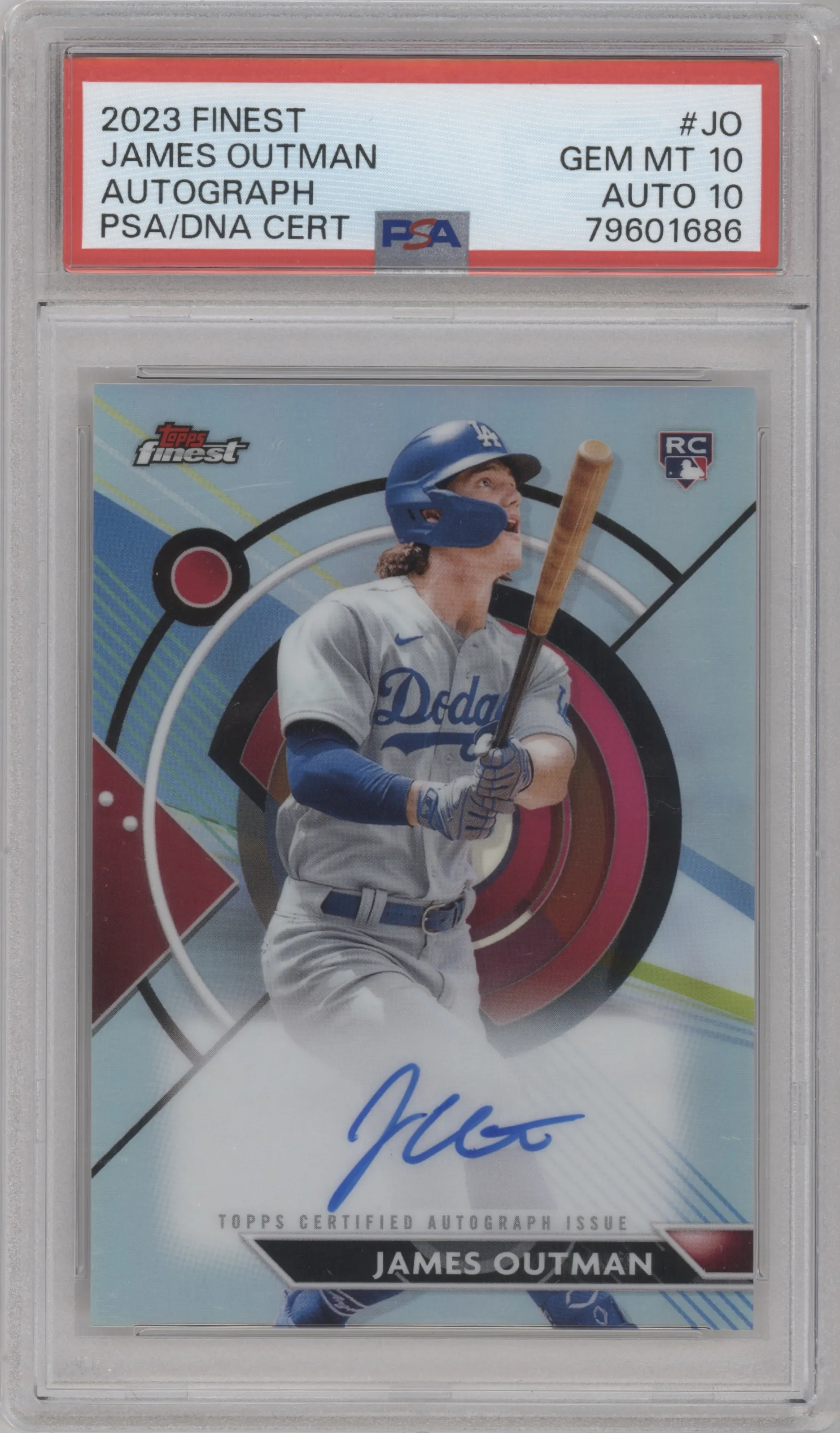 James Outman from the 2023 Topps Finest set graded by PSA and given an overall grade of 10.