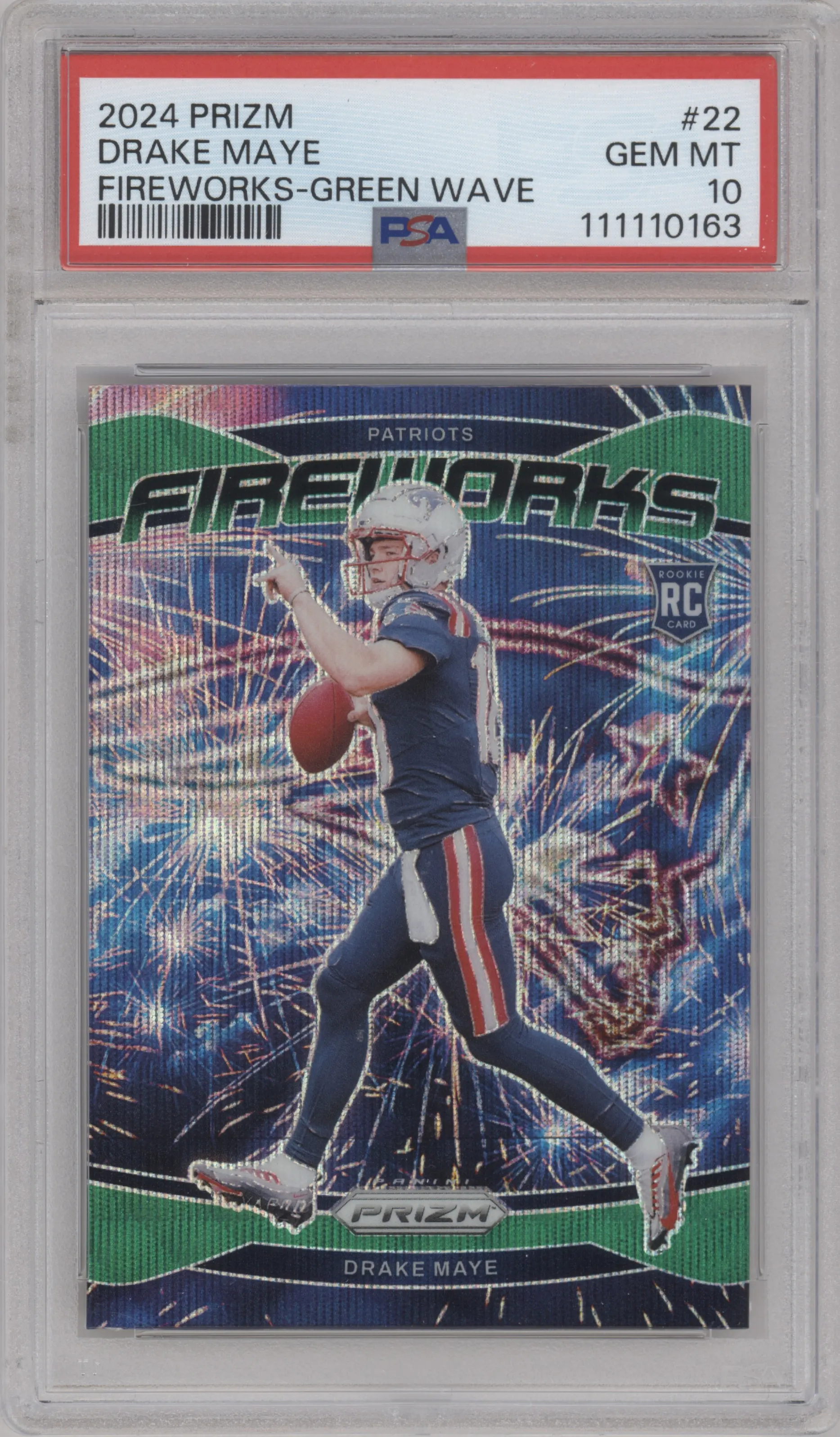 Drake Maye from the 2024 Panini Prizm set featuring a Green Wave parallel graded by PSA and given an overall grade of 10.