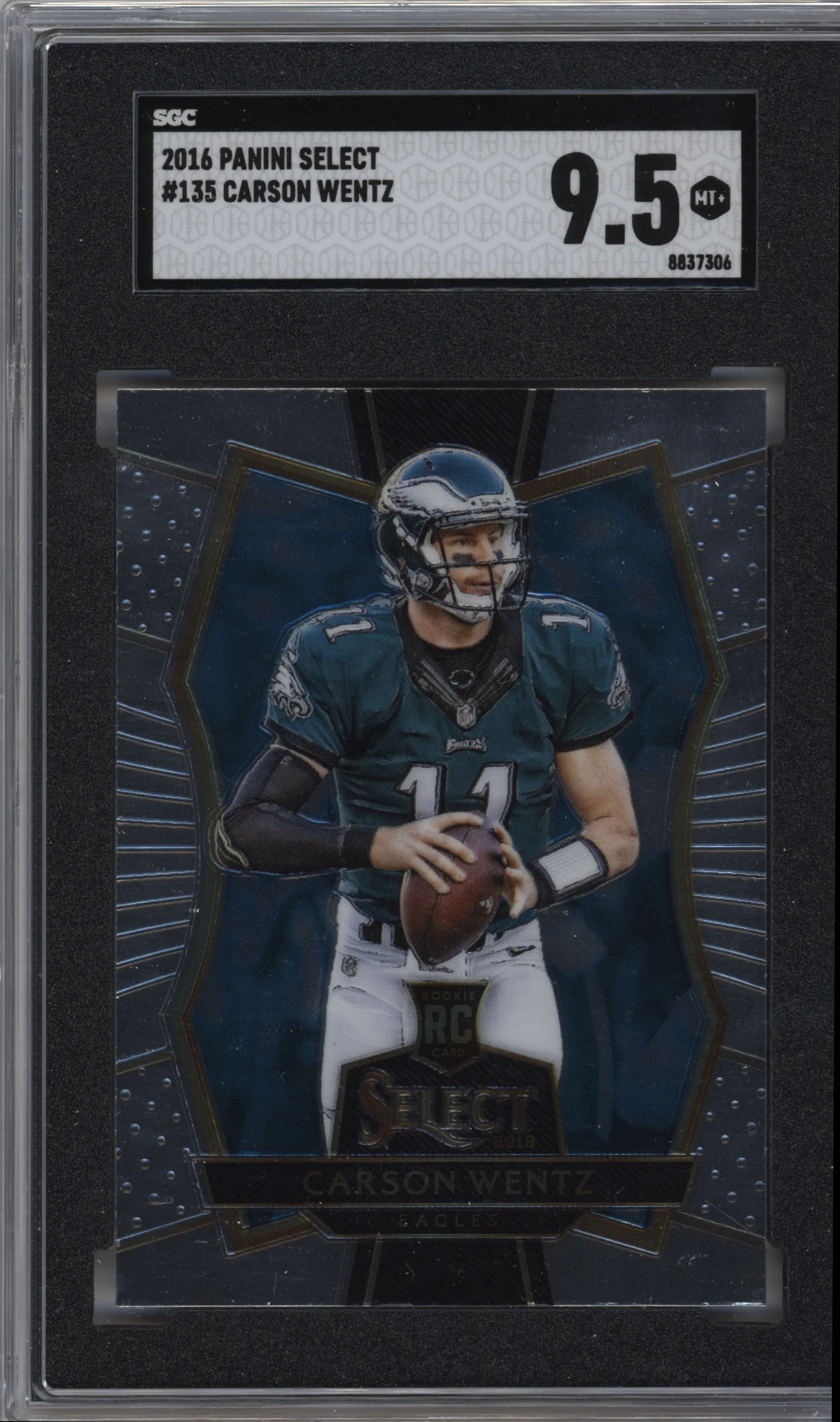 Carson Wentz from the 2016 Panini Select set graded by SGC and given an overall grade of 9.5.