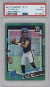 C.J. Stroud from the 2023 Donruss Optic set featuring a Hyper Green parallel graded by PSA and given an overall grade of 10.