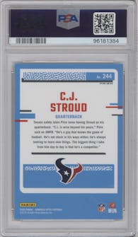 C.J. Stroud from the 2023 Donruss Optic set featuring a Hyper Green parallel graded by PSA and given an overall grade of 10.