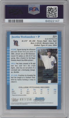 Justin Verlander  from the 2005 Bowman Chrome Baseball set featuring a Blue Refractor parallel graded by PSA and given an overall grade of 9.