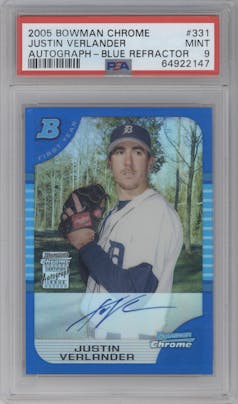 Justin Verlander  from the 2005 Bowman Chrome Baseball set featuring a Blue Refractor parallel graded by PSA and given an overall grade of 9.