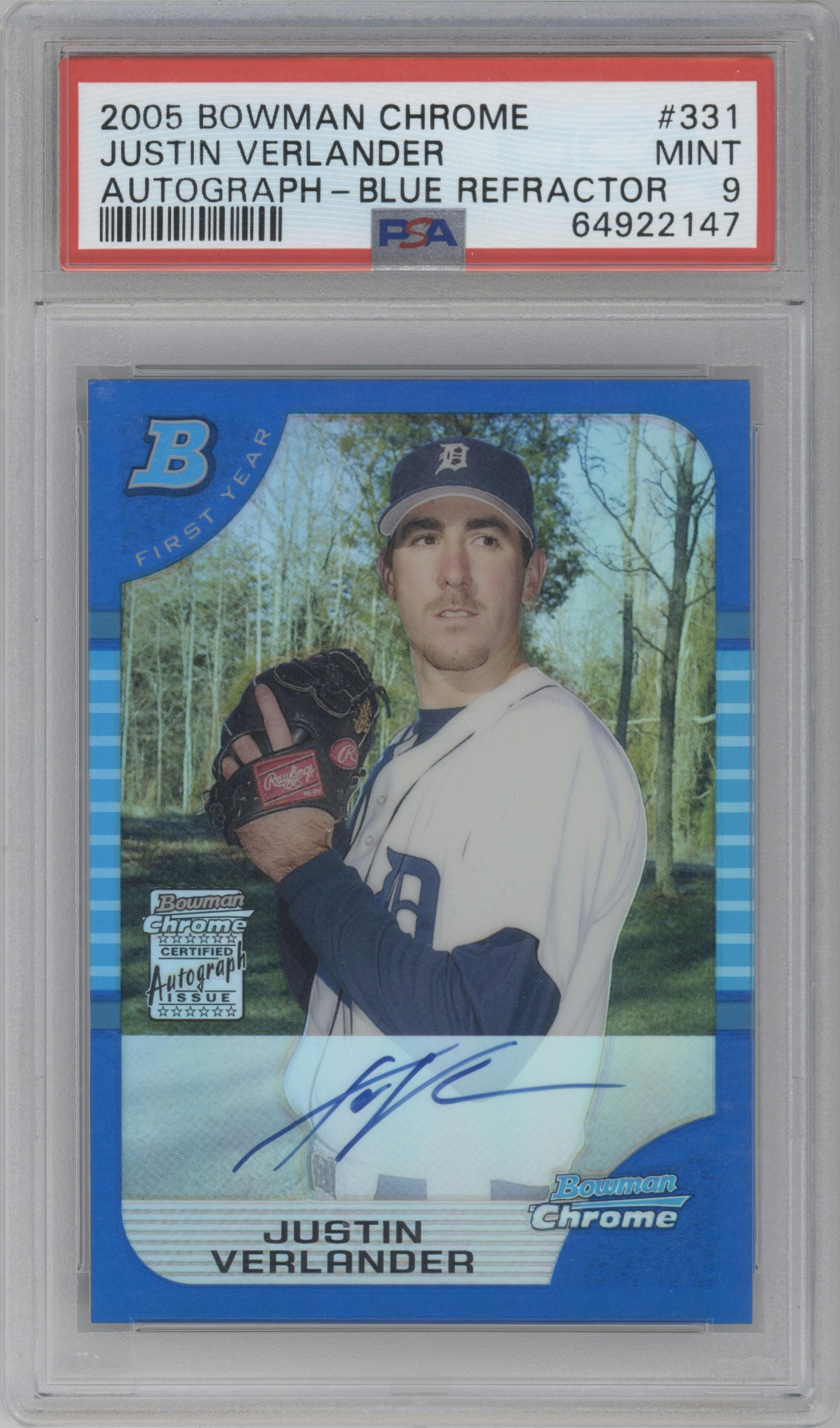 Justin Verlander  from the 2005 Bowman Chrome Baseball set featuring a Blue Refractor parallel graded by PSA and given an overall grade of 9.