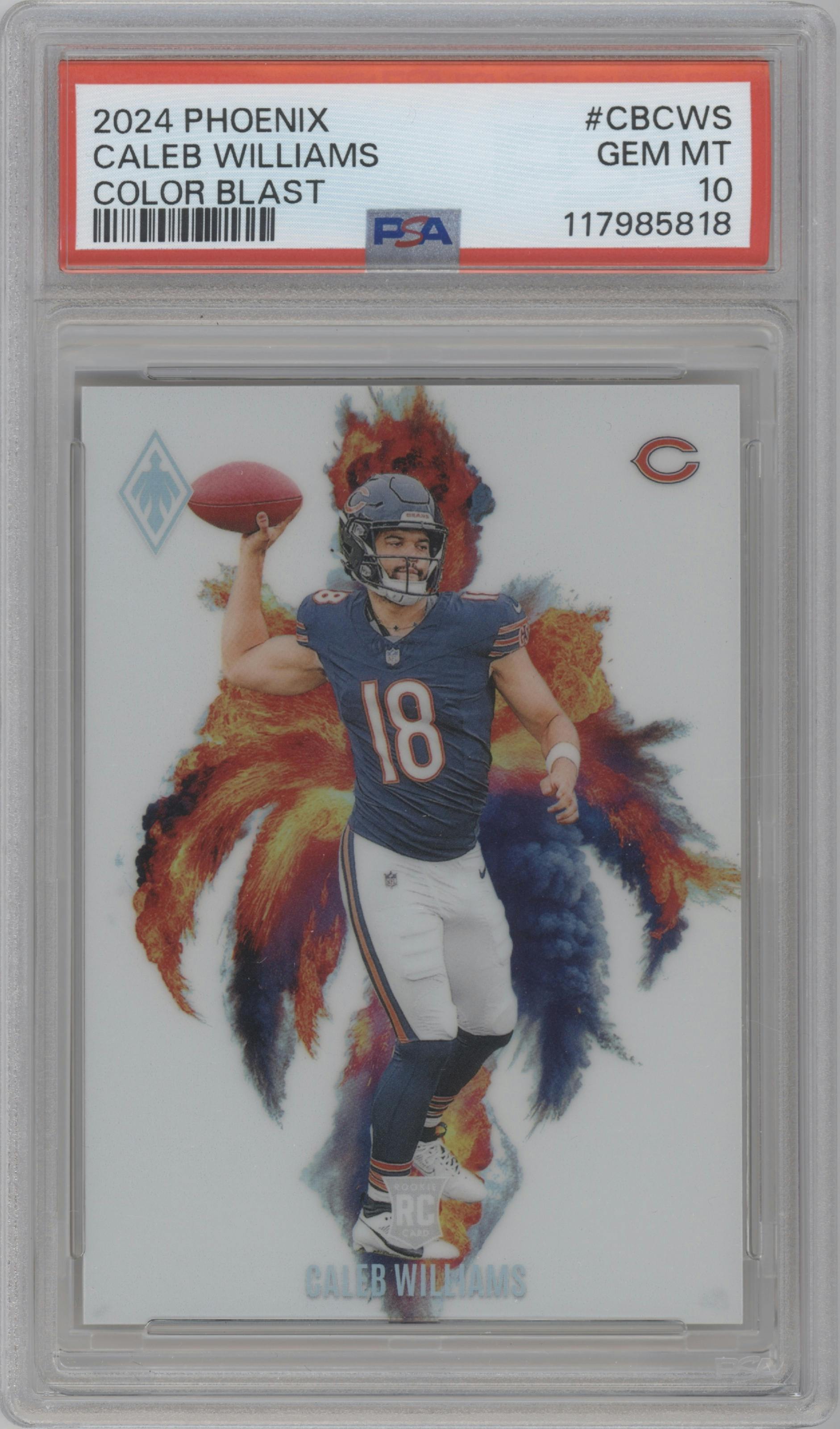 Caleb Williams from the 2024 Panini Phoenix set graded by PSA and given an overall grade of 10.