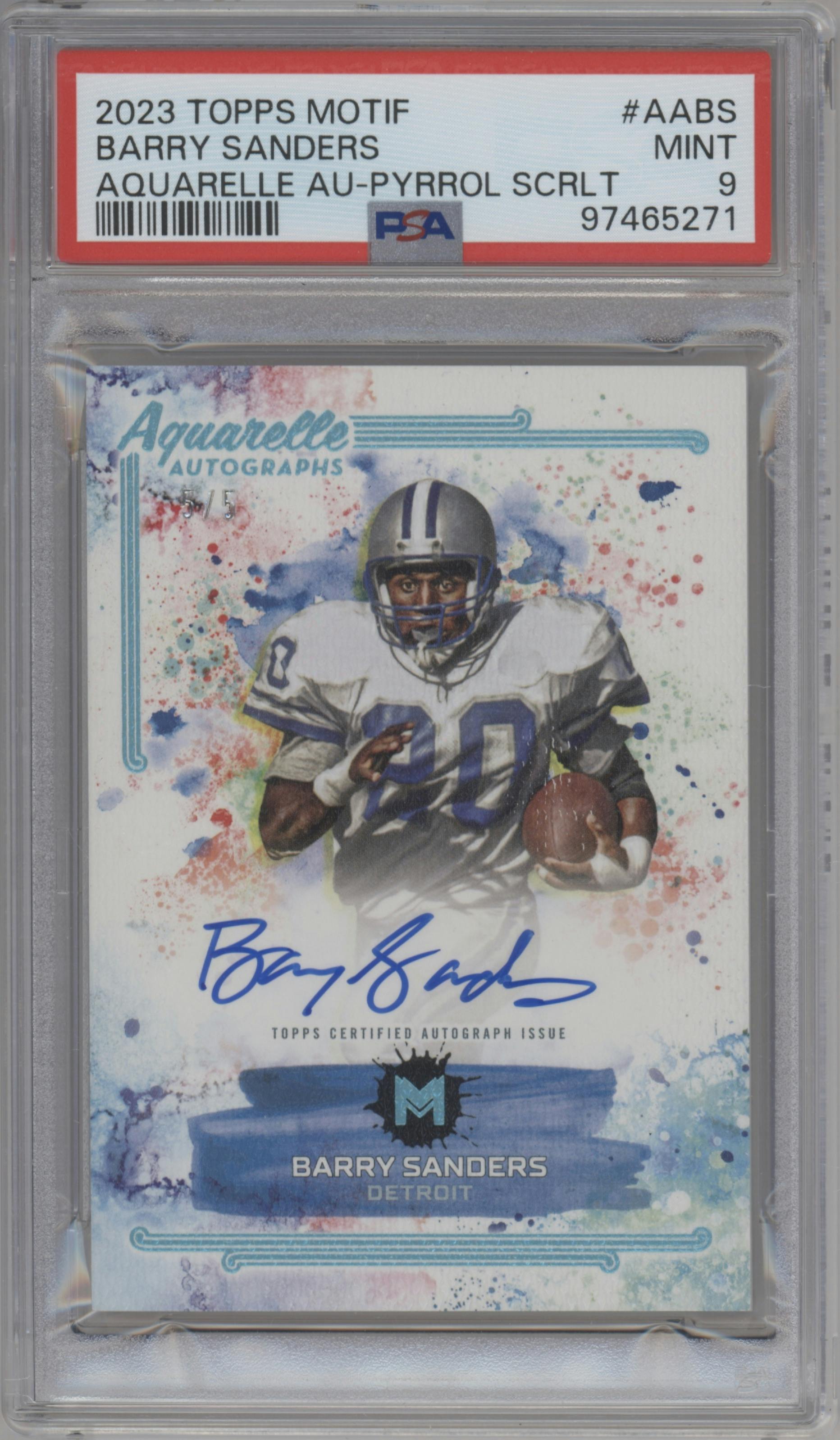 Barry Sanders from the 2023 Topps Motif set featuring a Pyrrol Scarlet parallel graded by PSA and given an overall grade of 9.