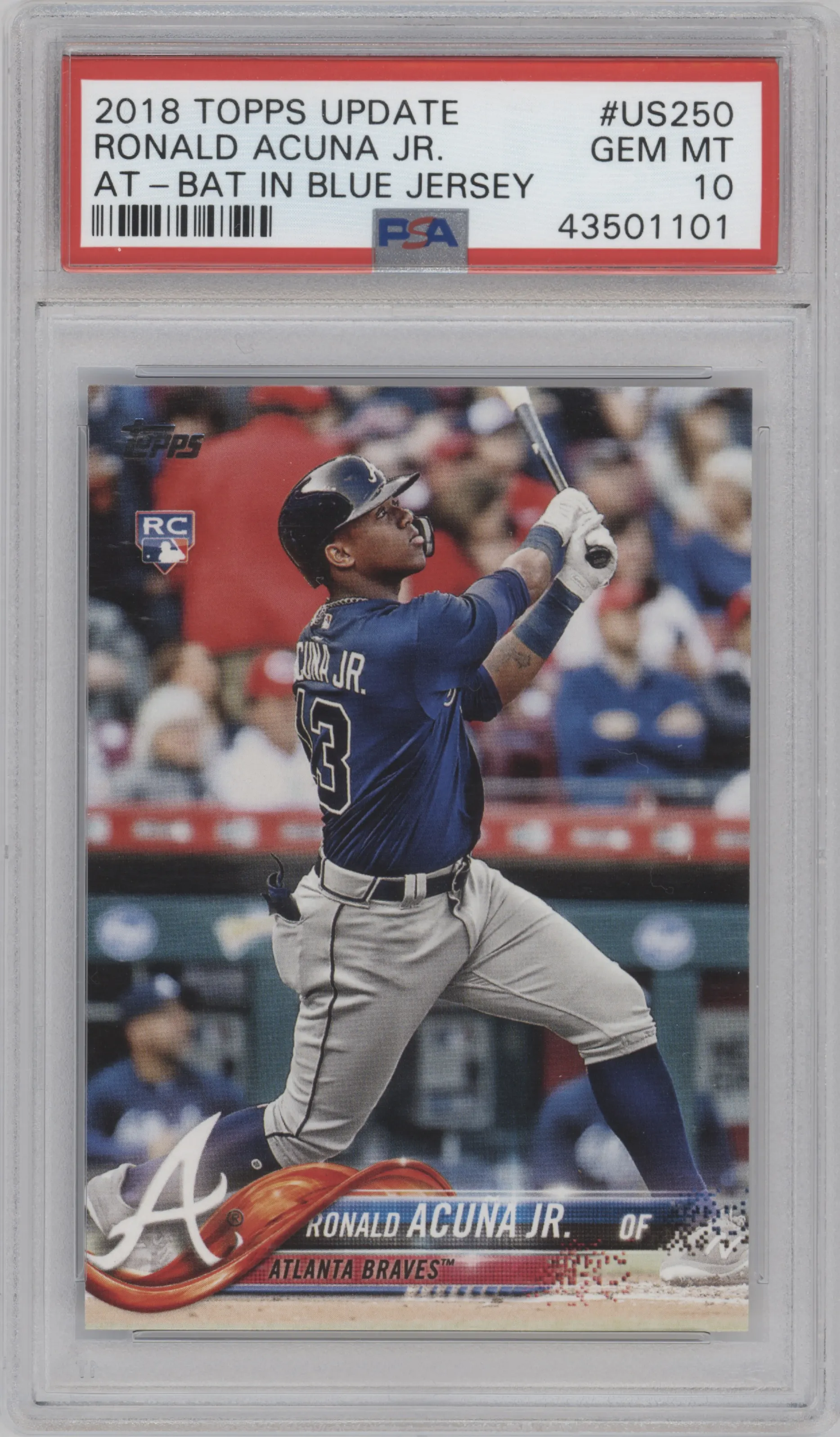 Ronald Acuna Jr. from the 2018 Topps Update set graded by PSA and given an overall grade of 10.