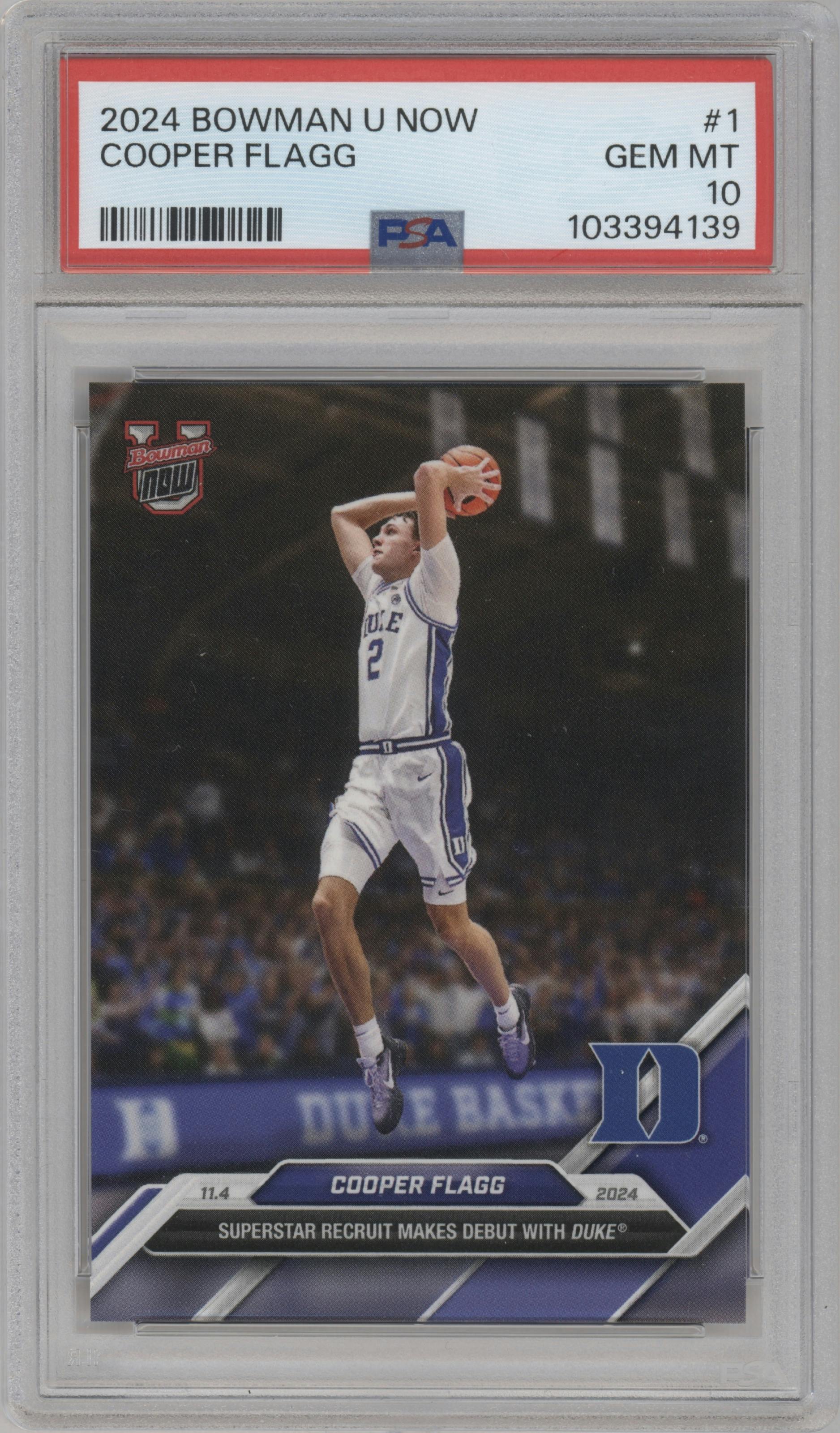 Cooper Flagg from the 2024-25 Bowman U Now set graded by PSA and given an overall grade of 10.