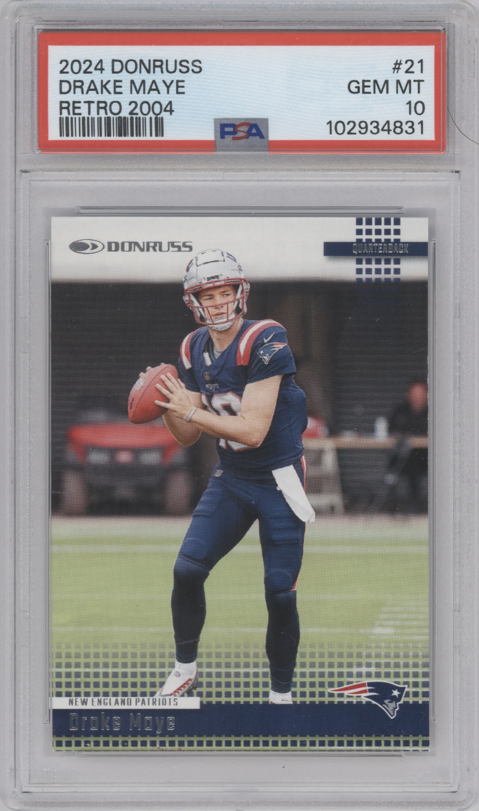 Drake Maye  from the 2024 Donruss set graded by PSA and given an overall grade of 10.