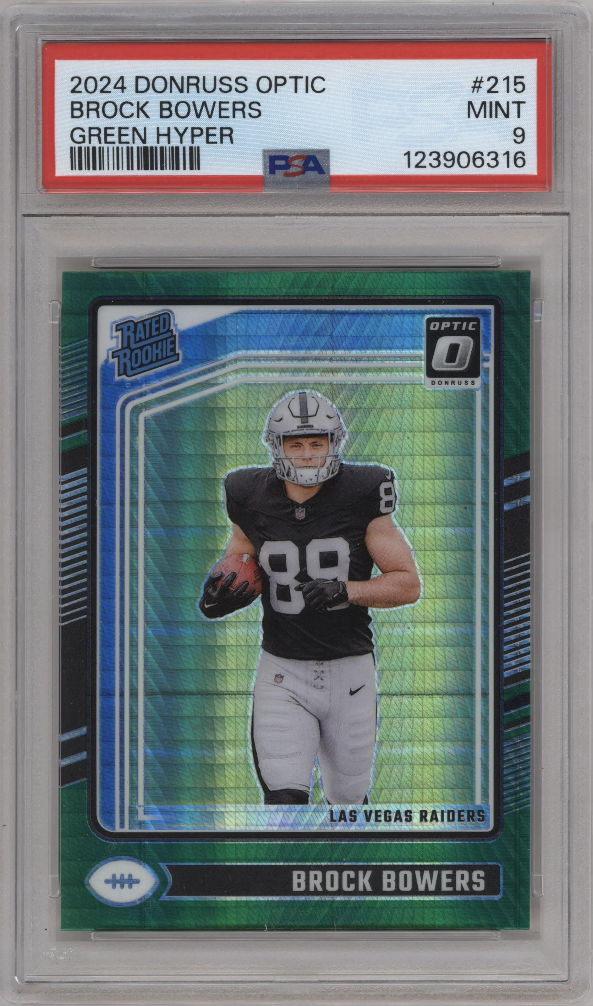 Brock Bowers from the 2024 Donruss Optic set featuring a Hyper Green parallel graded by PSA and given an overall grade of 9.