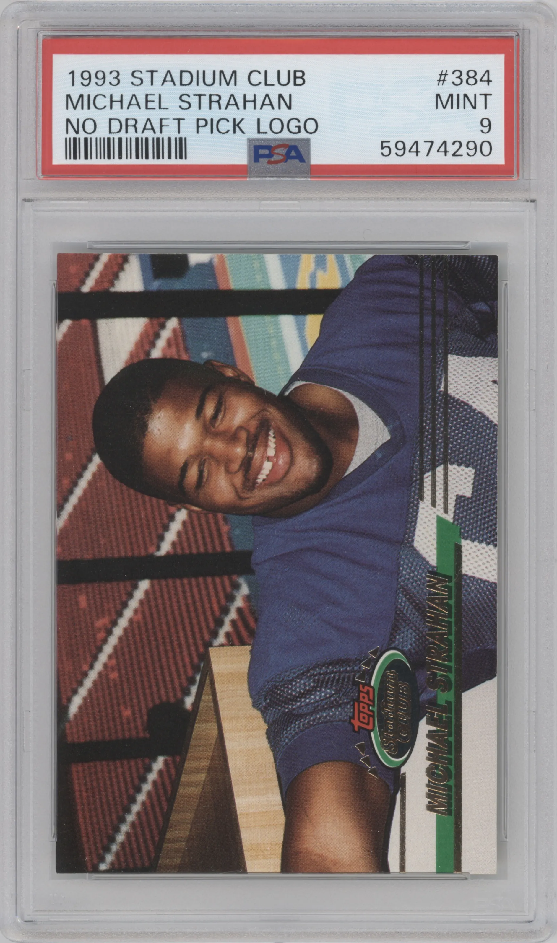 Michael Strahan from the 1993 Topps Stadium Club set featuring a No Draft Pick Logo parallel graded by PSA and given an overall grade of 9.