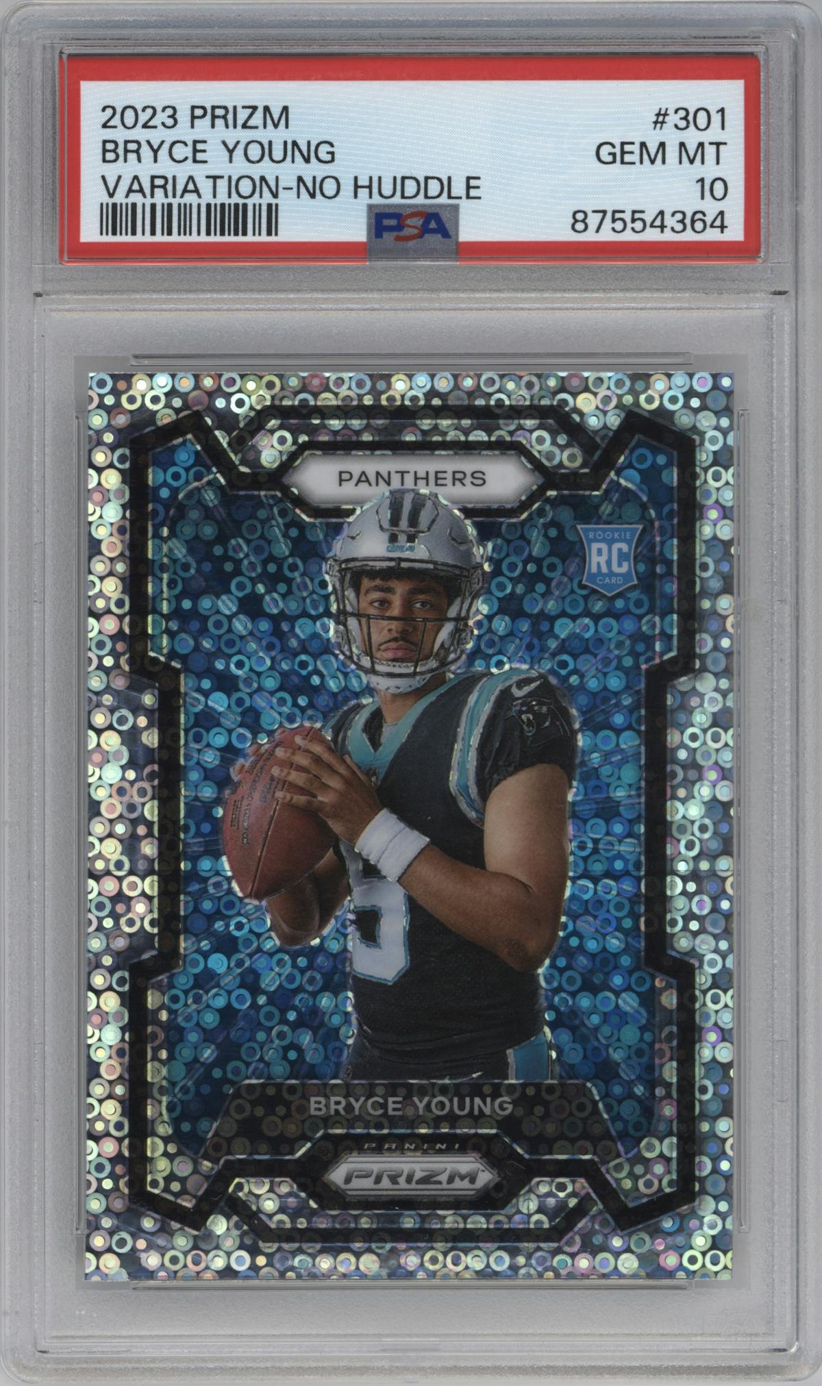 Bryce Young from the 2023 Panini Prizm set featuring a No Huddle parallel graded by PSA and given an overall grade of 10.