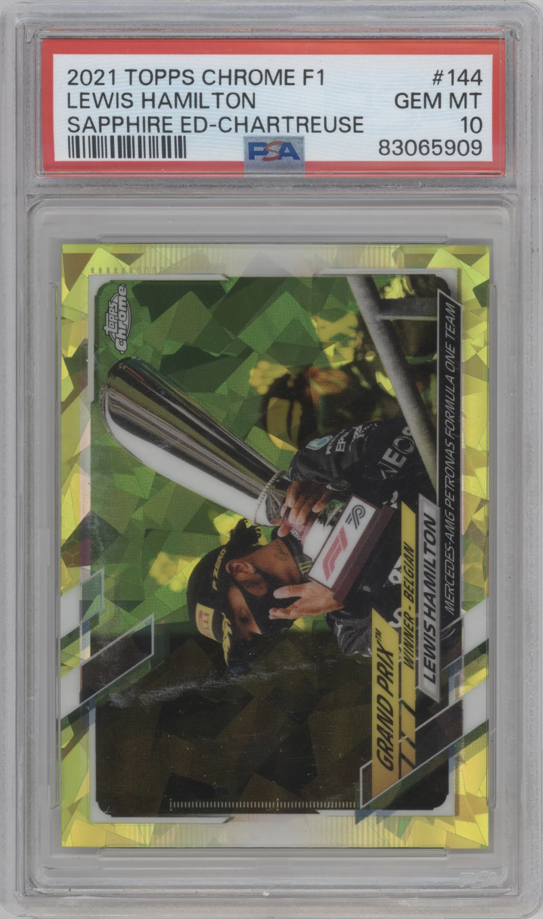 Lewis Hamilton from the 2021 Topps Chrome Sapphire Edition Formula 1 set featuring a Chartreuse parallel graded by PSA and given an overall grade of 10.