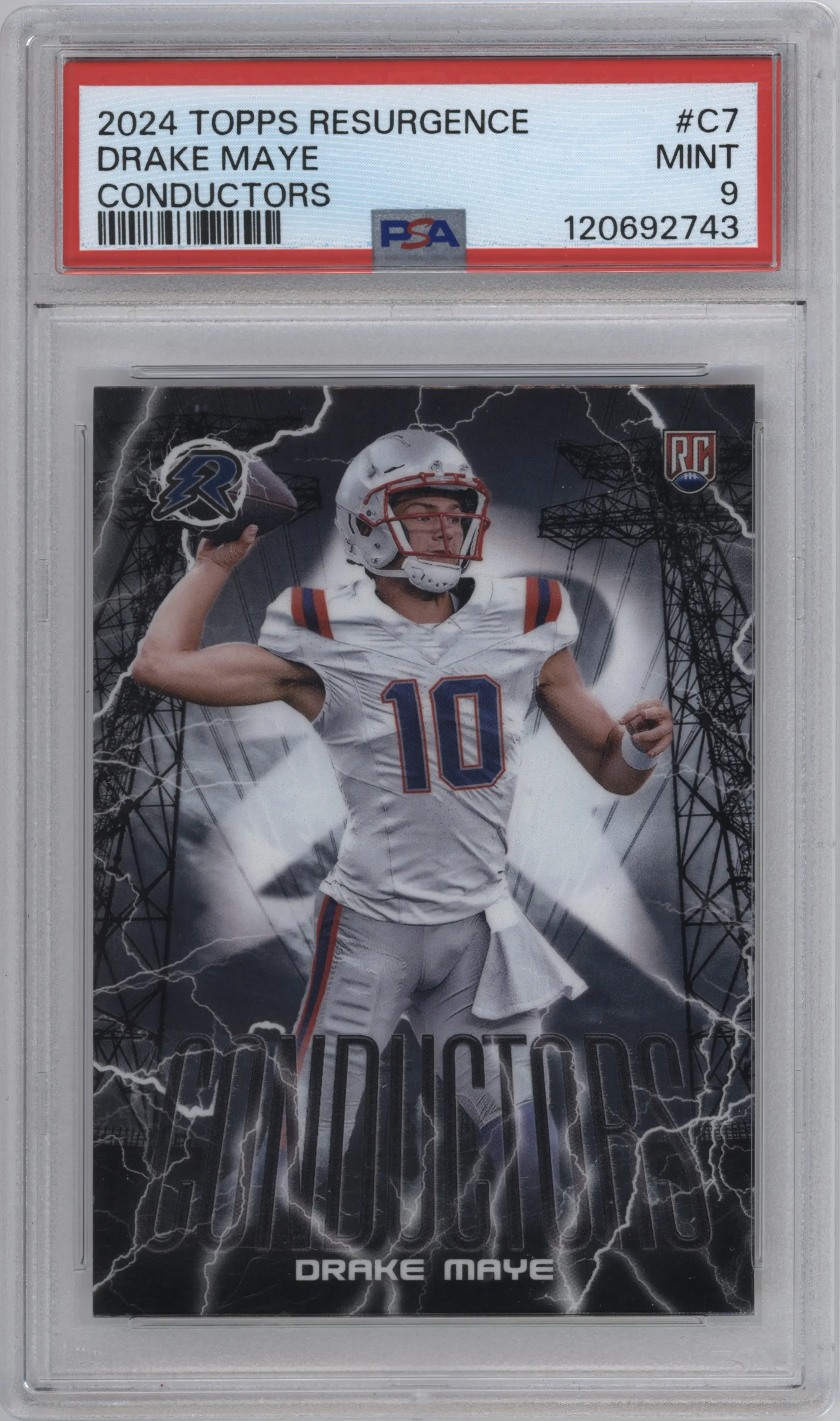 Drake Maye from the 2024 Topps Resurgence set graded by PSA and given an overall grade of 9.