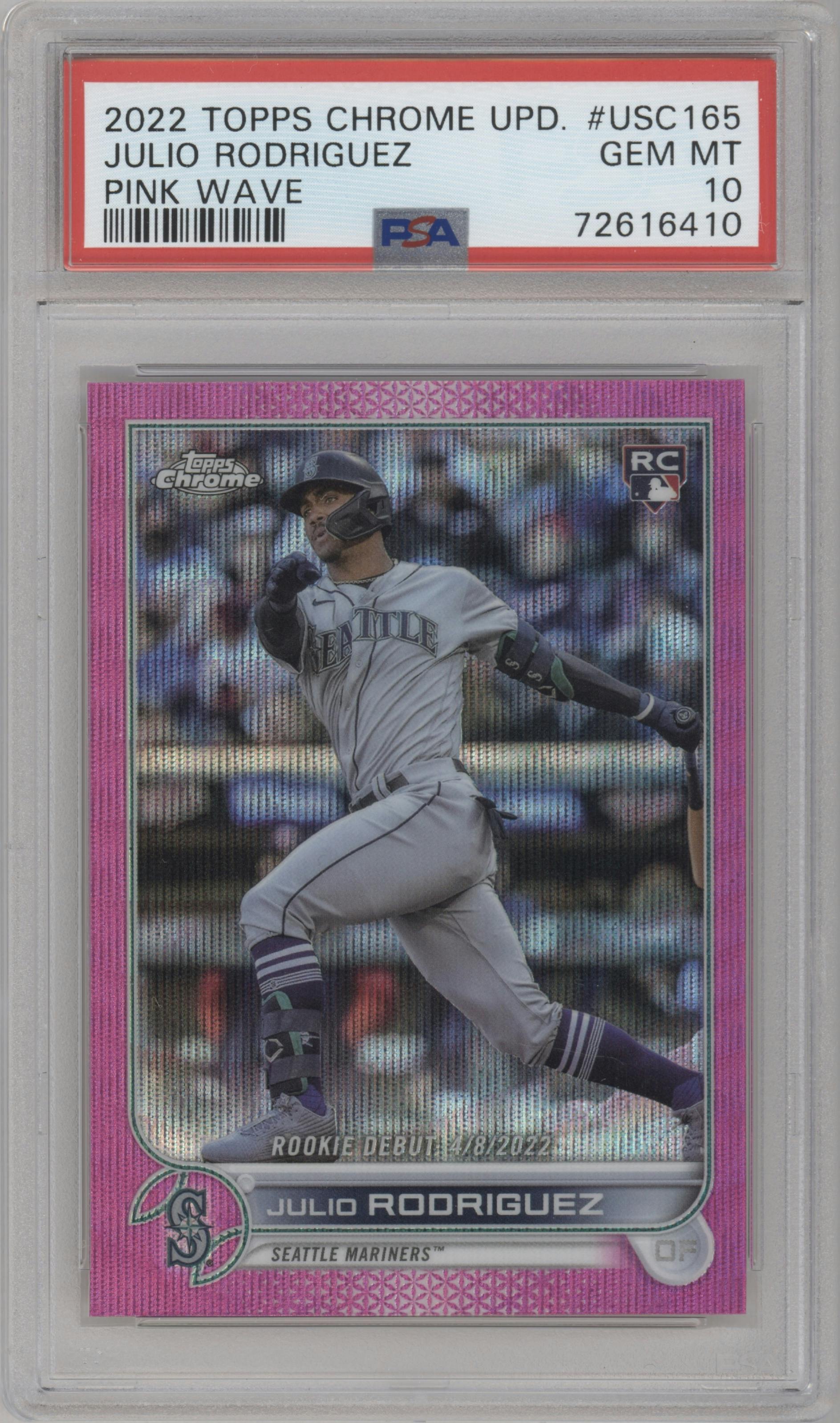 Julio Rodriguez from the 2022 Topps Chrome Update set featuring a Pink Wave Refractor parallel graded by PSA and given an overall grade of 10.
