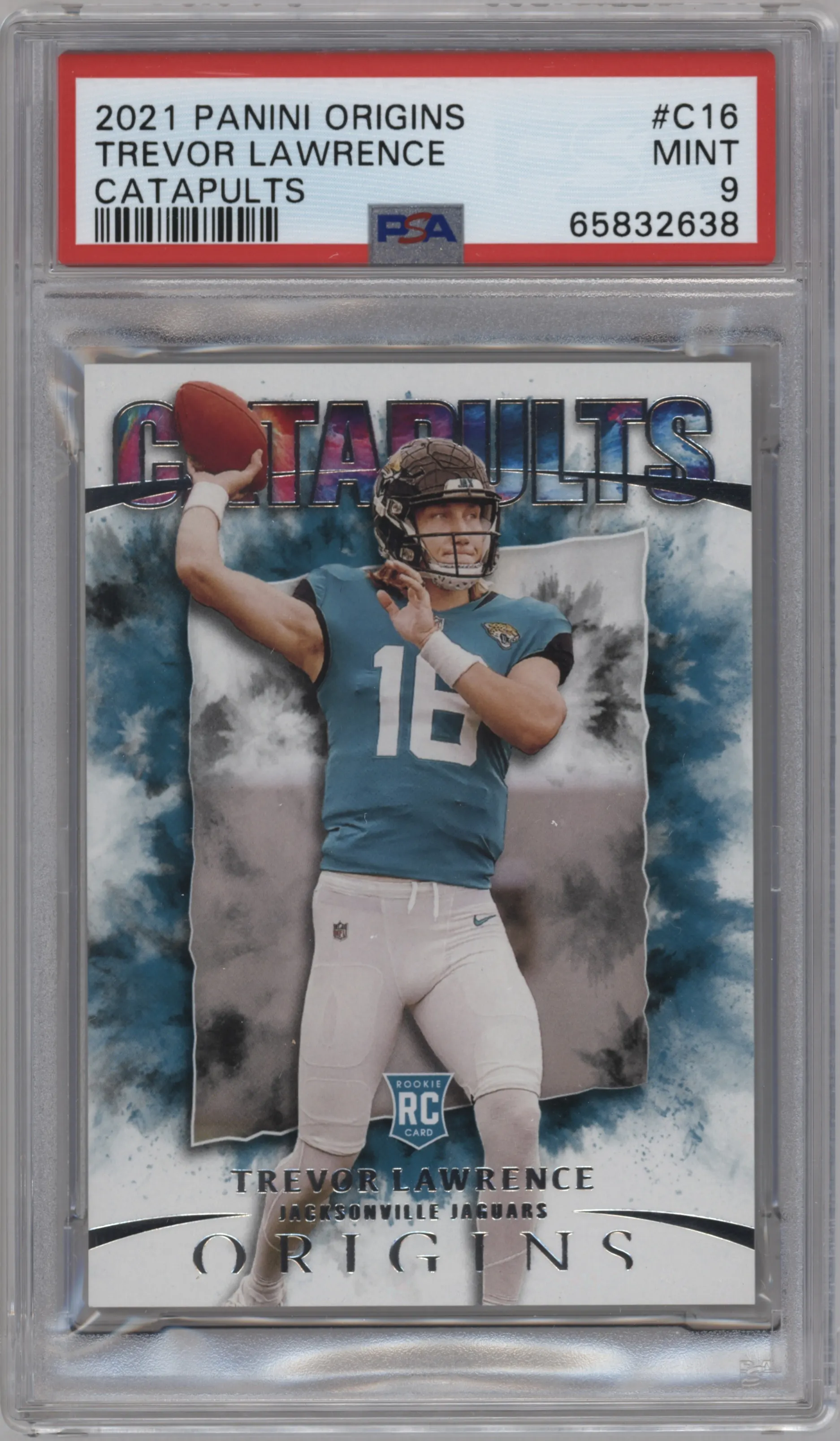Trevor Lawrence from the 2021 Panini Origins set graded by PSA and given an overall grade of 10.
