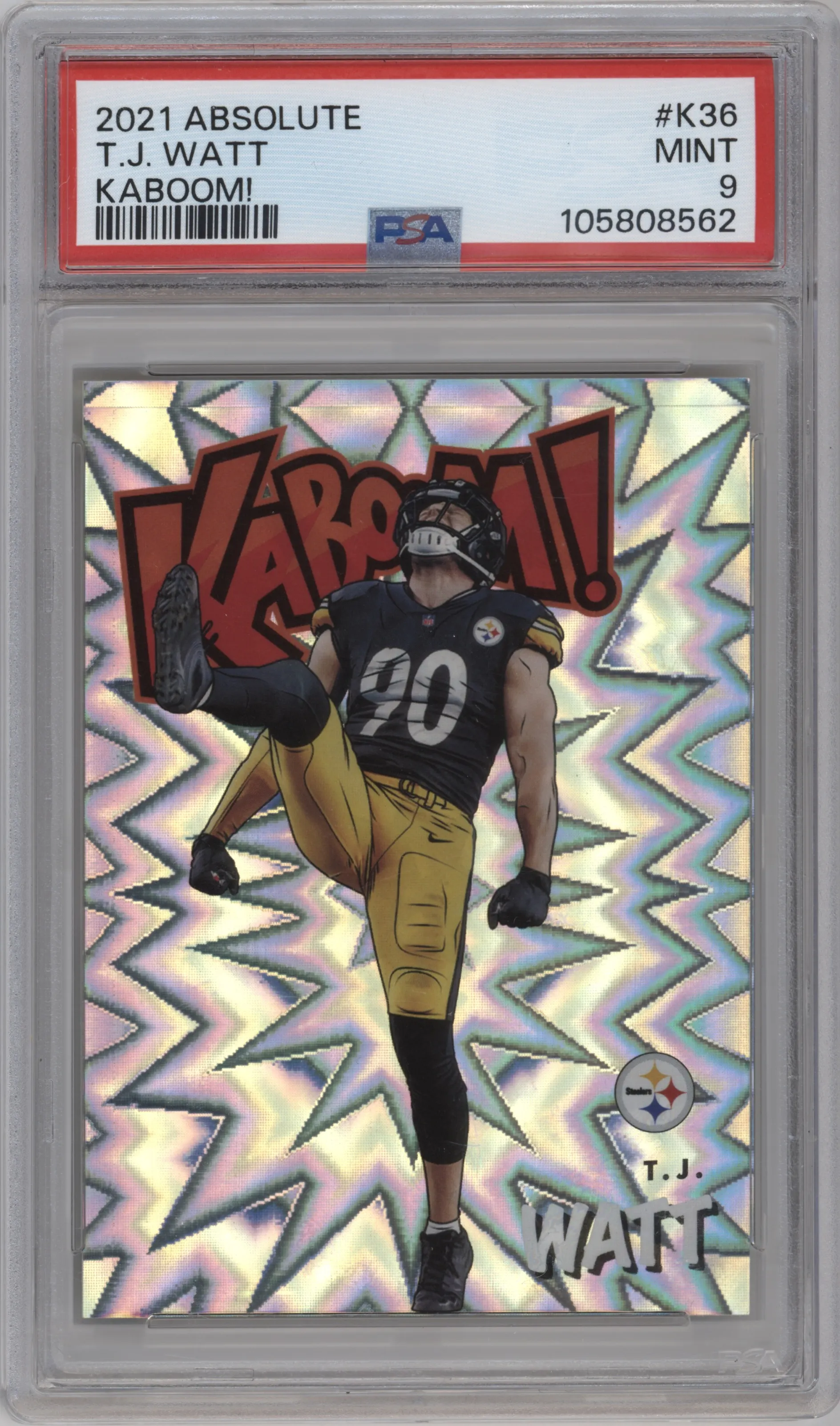 T.J. Watt from the 2021 Panini Absolute set graded by PSA and given an overall grade of 9.