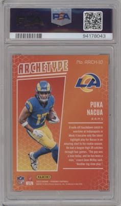 Puka Nacua from the 2023 Panini Phoenix set graded by PSA and given an overall grade of 9.