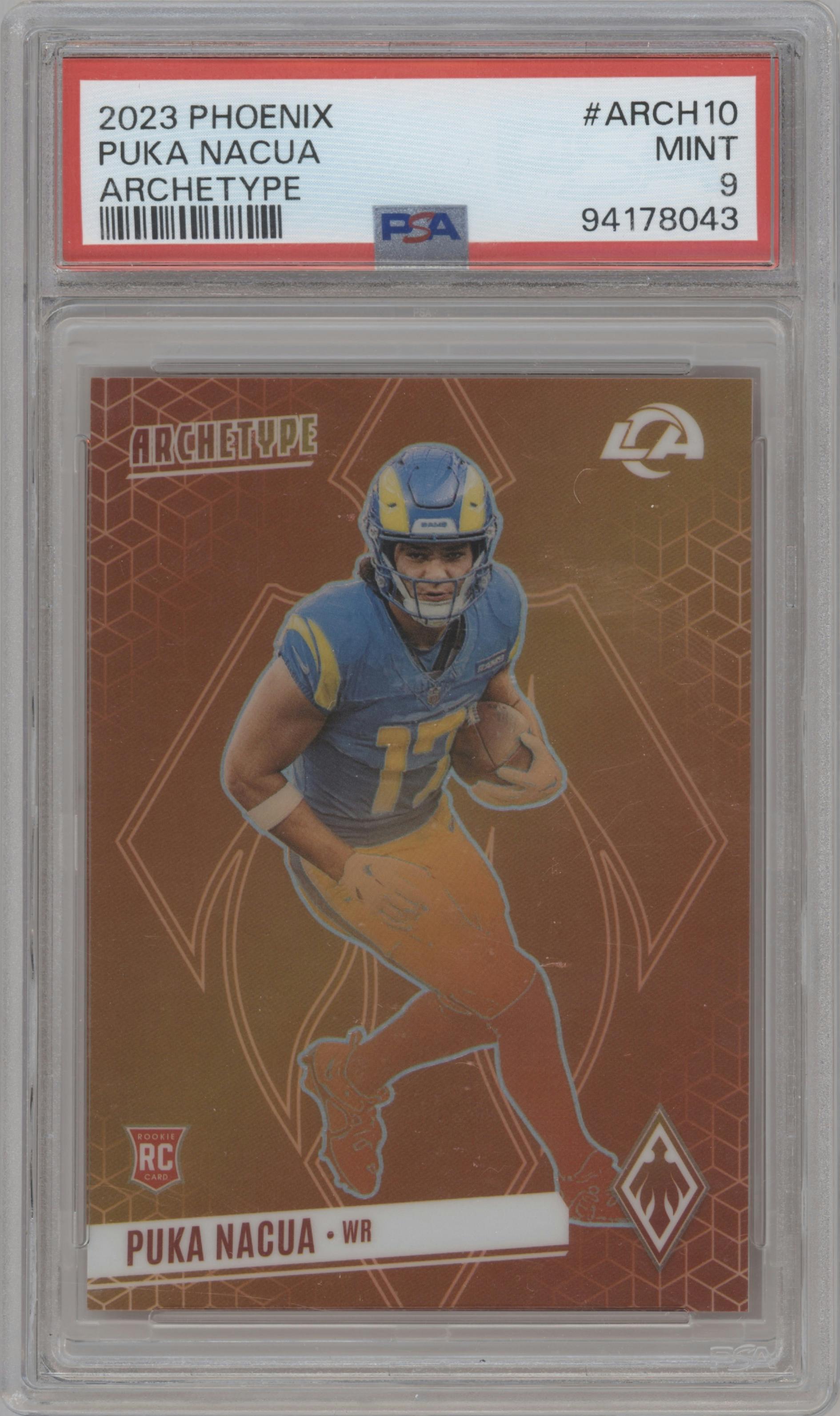 Puka Nacua from the 2023 Panini Phoenix set graded by PSA and given an overall grade of 9.