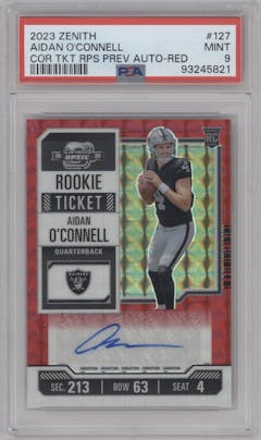 Aidan O'Connell from the 2023 Panini Zenith set featuring a Red parallel graded by PSA and given an overall grade of 9.