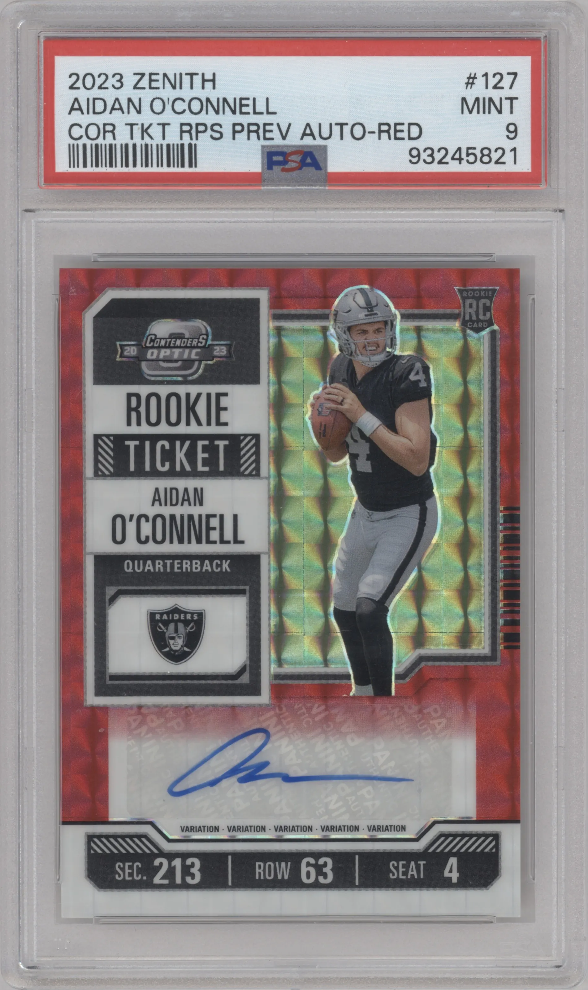 2023 Panini Zenith Cont.Opt.Rke.Tkt.Prev. Aidan O'Connell Red PSA 9