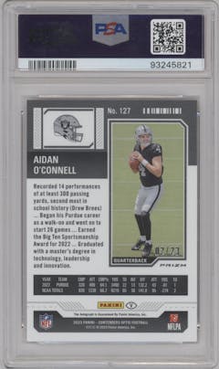 Aidan O'Connell from the 2023 Panini Zenith set featuring a Red parallel graded by PSA and given an overall grade of 9.