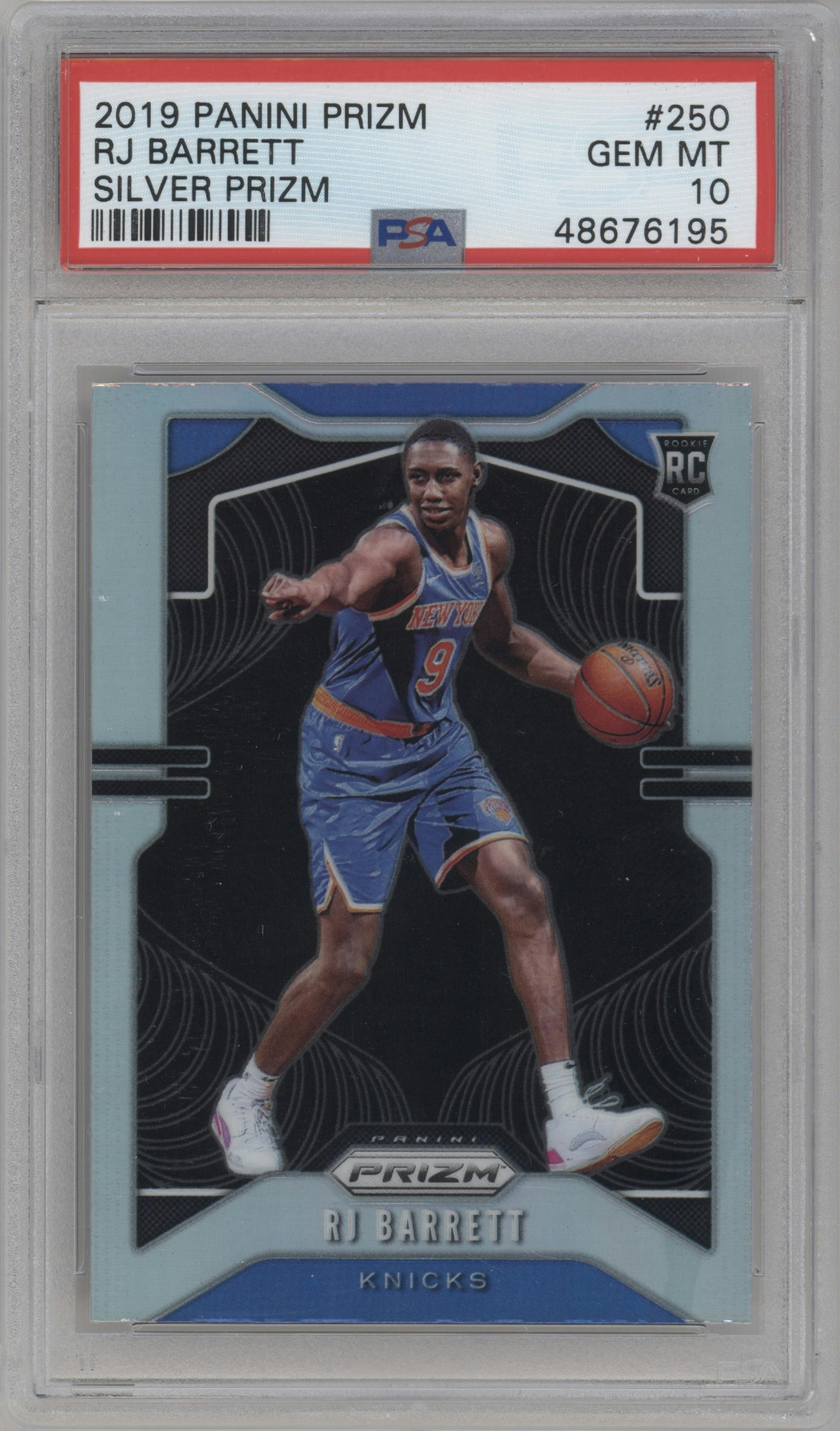 RJ Barrett from the 2019-20 Panini Prizm set featuring a Silver Prizm parallel graded by PSA and given an overall grade of 10.