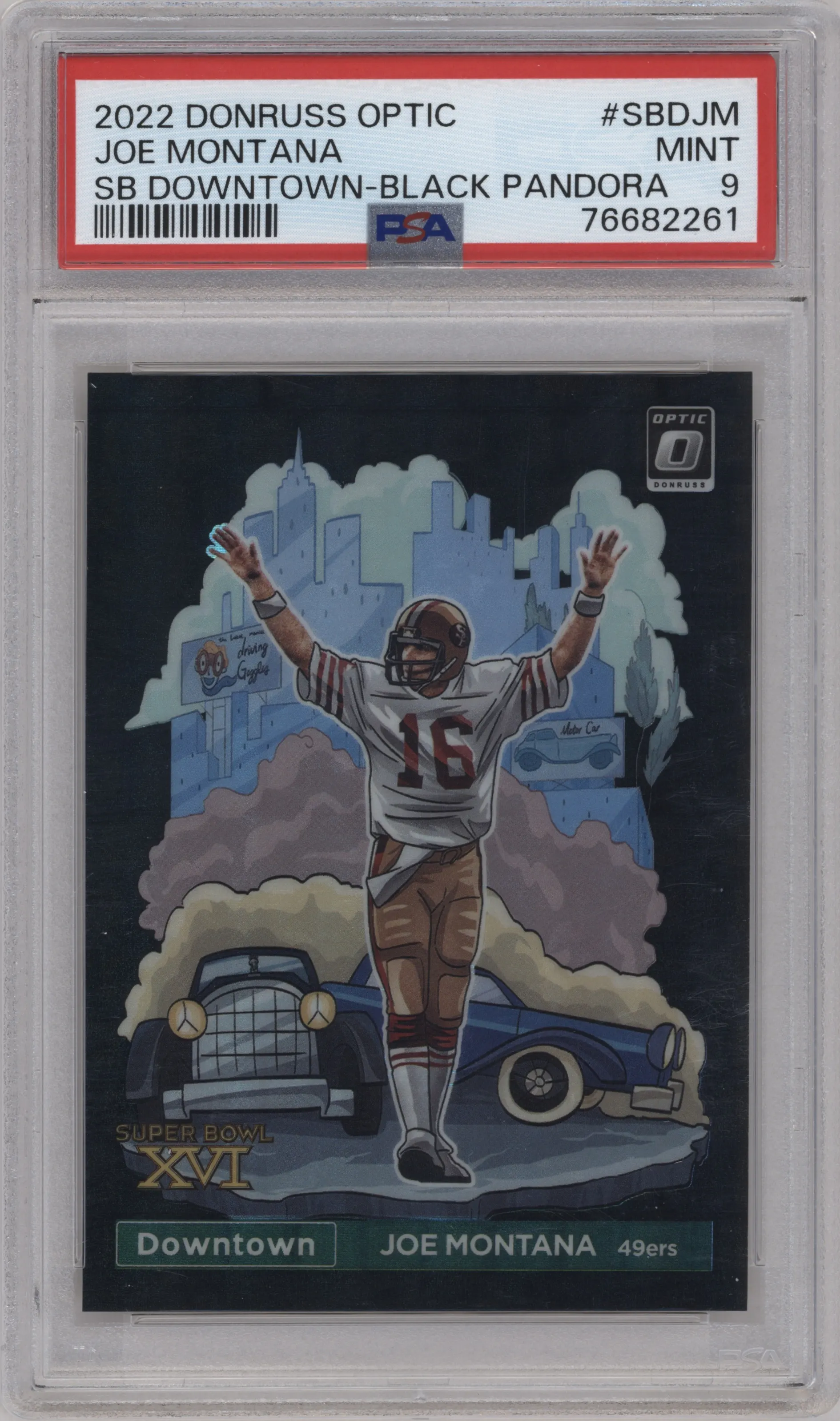 Joe Montana from the 2022 Panini Donruss Optic set featuring a Black Pandora parallel graded by PSA and given an overall grade of 9.